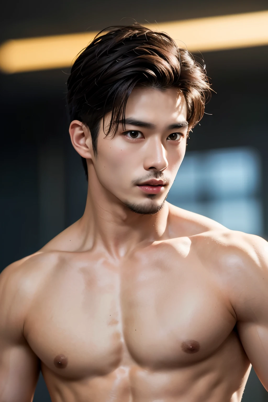 Hot Korean man, 20 years old, handsome face with well-groomed facial hair, naked form revealed in a captivating portrait, model exuding confidence and masculinity, (8K, High Definition, Masterpiece: 1.2), Realistic, Photorealistic: 1.37, Detailed facial features, sharply defined jawline, bright, piercing eyes, sculpted physique, natural skin texture, intricately portrayed body hair, (Top Quality, Masterpiece: 1.2), Absolute Area (1.3), Front View, Blurred background, Focus on the model's chiseled features, expressing raw, unfiltered intensity.