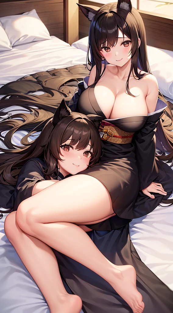 two girls with big breasts、Lying down position、brown hair、black hair、brown eyes、smile、long hair、dog ears、Kimono Maid Clothing、slipper、belt、Bed、Japanese style room
