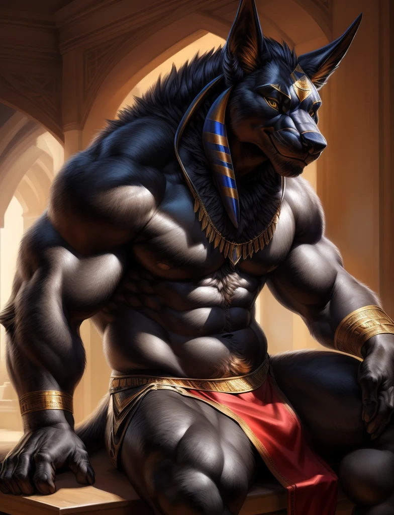 ((realistic)), upload on e621, by Garmash,Ruan Jia, darkgem, anthro, male, ((( detailed fluffy fur))), ((sitting)), detailed realistic painting, (((biceped))), (((shaded))) extreme detail, ((anubis)), loincloth, black body