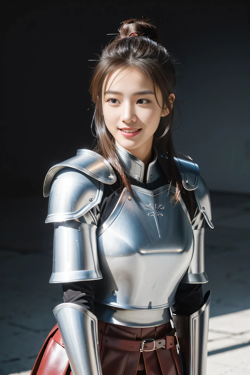 Chinese female general Hua Mulan,reddish brown leather armor,Silver scale metal shoulder pads,Silver metal breastplate,battlefield background,majestic,Smile(open mouth)(The corners of the mouth are raised),Leather tunic,Knee pads,There is no shadow on the face,Bundle hair,Hair bun raised high。野外battlefield background