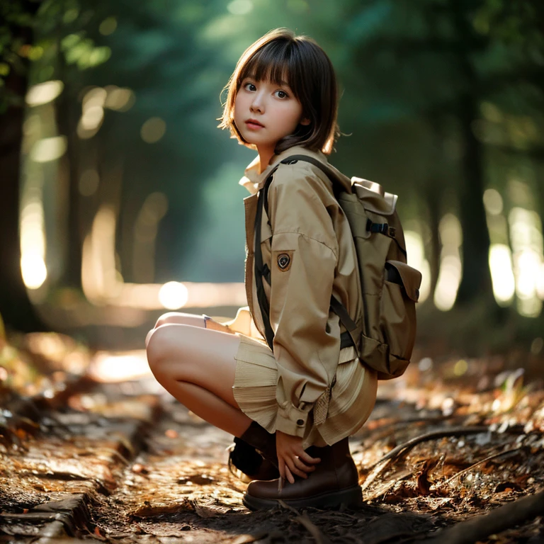 beautiful girl,beige military shirt,Beige knee-length pleated skirt,Red backpack,Brown short boots,baby face,dark brown hair,medium hair,Outer wrap arrangement,bangs,in the dark forest,Cantera lights up,pixer style,dynamic angle