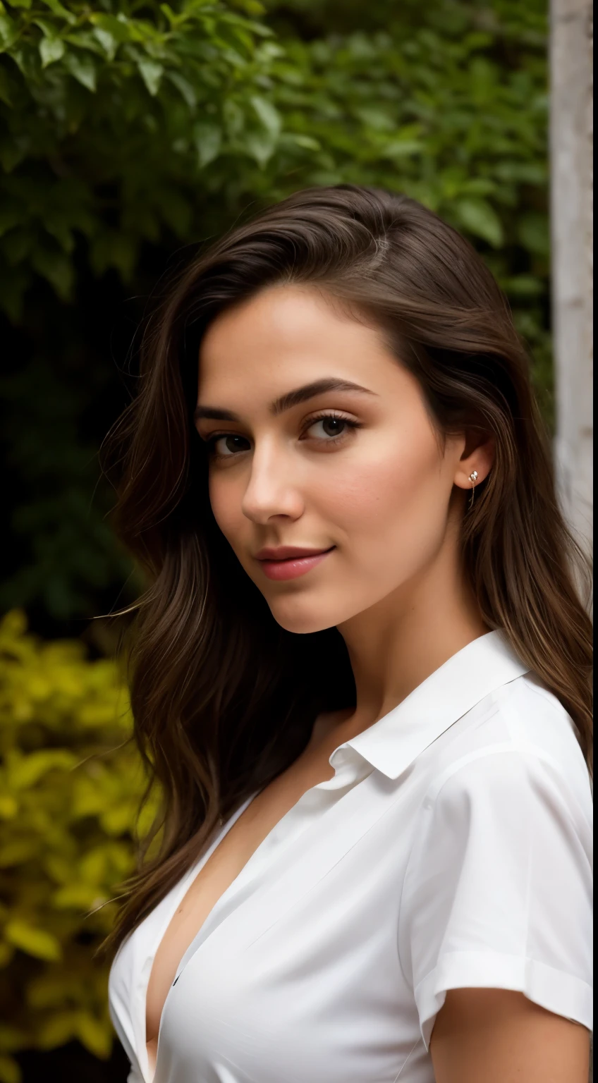 A 23-year-old blonde woman, ((pechos grandes)), ((hiperrealismo)) ,. blonde hair with light brown roots. cabello rubio, Hair with brown roots, cabello extra largo, cabello muy largo, really long hair, Beautiful, Front view, selfie, photo taken with iPhone, elegant black shirt with escote, escotada, selfie in the garden, high quality, selfie iPhone, cleavage