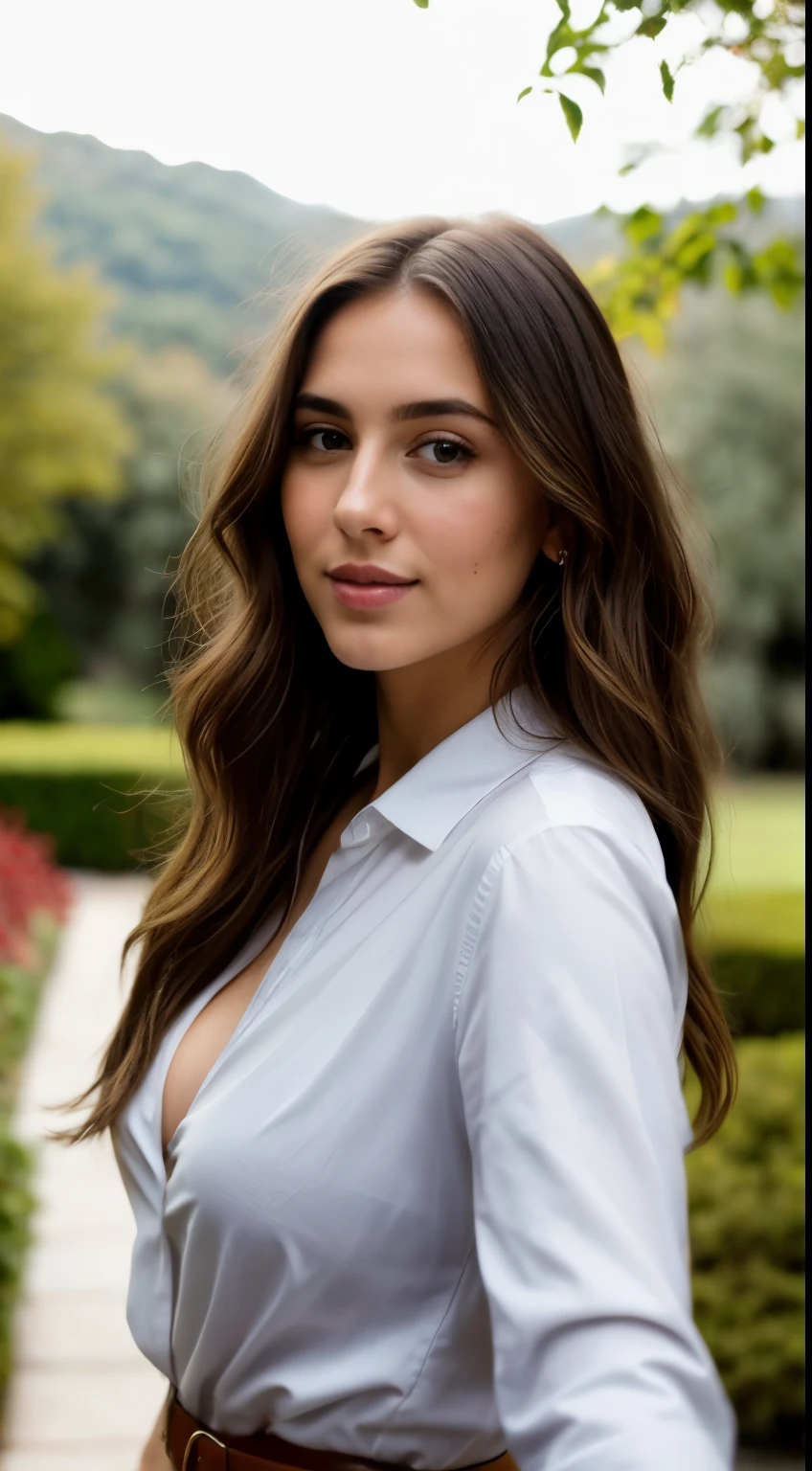 A 23-year-old blonde woman, ((pechos grandes)), ((hiperrealismo)) ,. blonde hair with light brown roots. cabello rubio, Hair with brown roots, cabello extra largo, cabello muy largo, really long hair, Beautiful, Front view, selfie, photo taken with iPhone, elegant black shirt with escote, escotada, selfie in the garden, high quality, selfie iPhone, cleavage