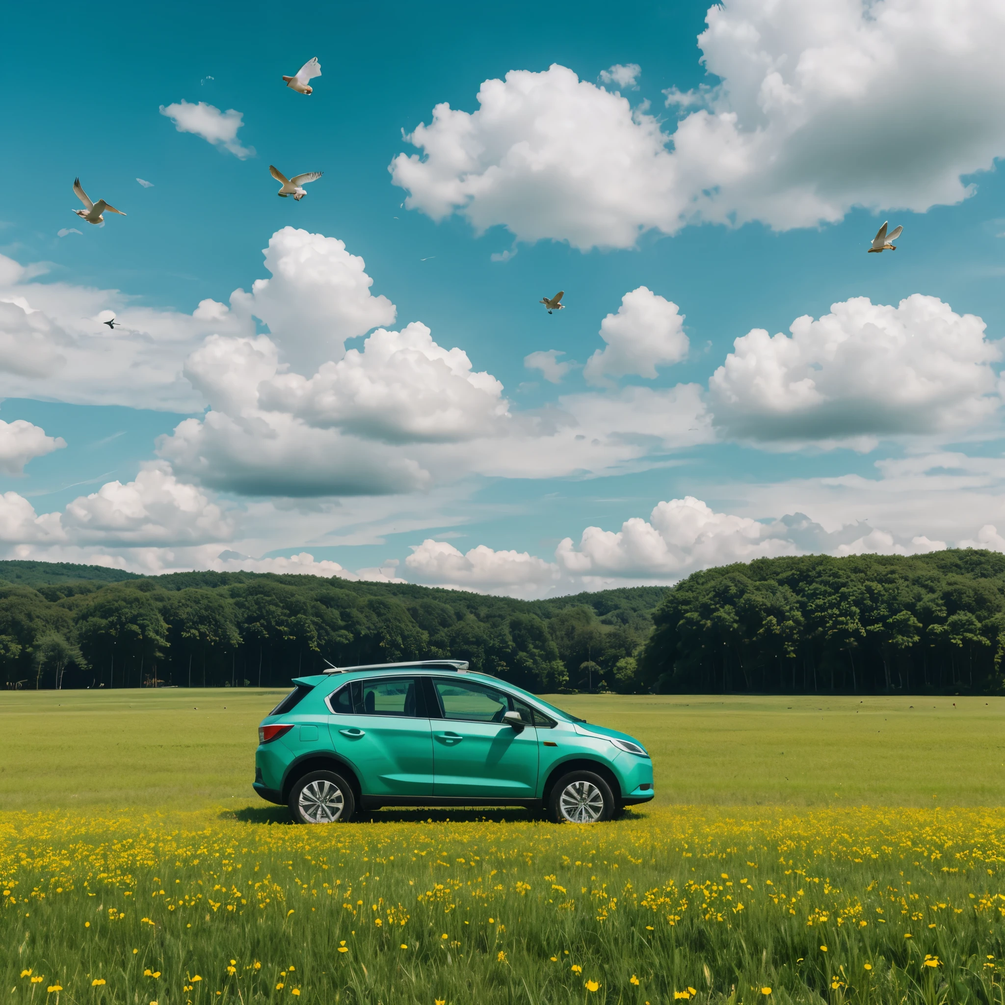 an ecological car floats over a green meadow in a bright sunny day. Clouds and happy birds in the sky.