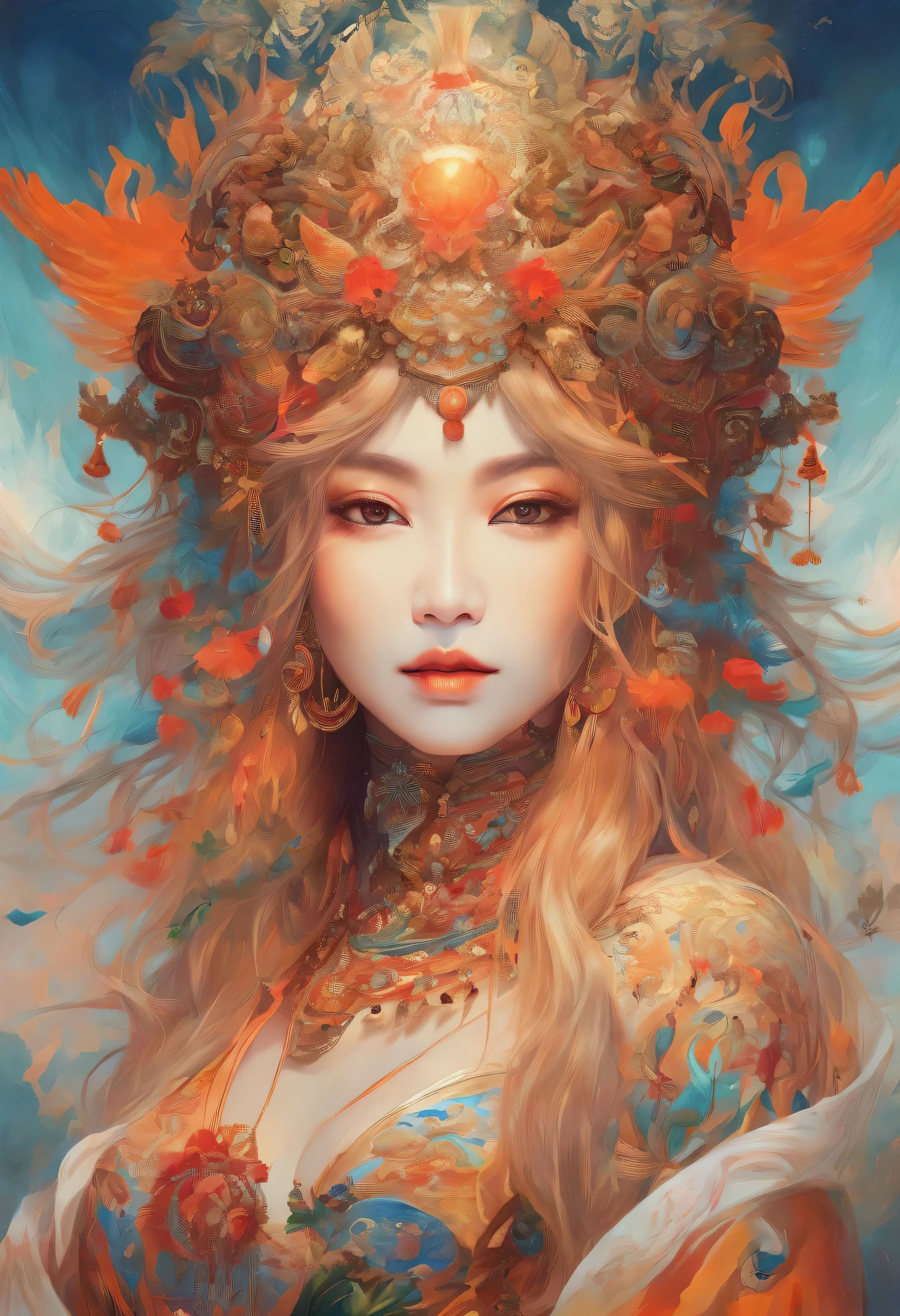(((masterpiece))), (((best quality: 1.4))), ((Super details: 1.4)) , Super detailed gouache painting of men on Teflon, Oriental costumes,wuxia,Ogre,Gorgeous and exotic, Amber neon eyes:1.5,  orange hair, Ultra-detailed facial features, expressive face, Detailed texture, long hair, tattoo, Natural skin shader, Volume method, Warm undertones under her skin, ultra high resolution