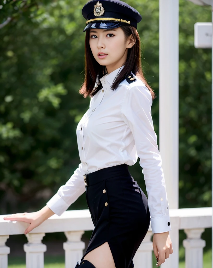 female officers marching, girl, , (((whole bodyの画像))), gray military uniform, white shirt, black tie, ((wearing riding boots)), military cap, ((big boobs)), Super detailed, realistic, perfect face, perfect eyes, whole body