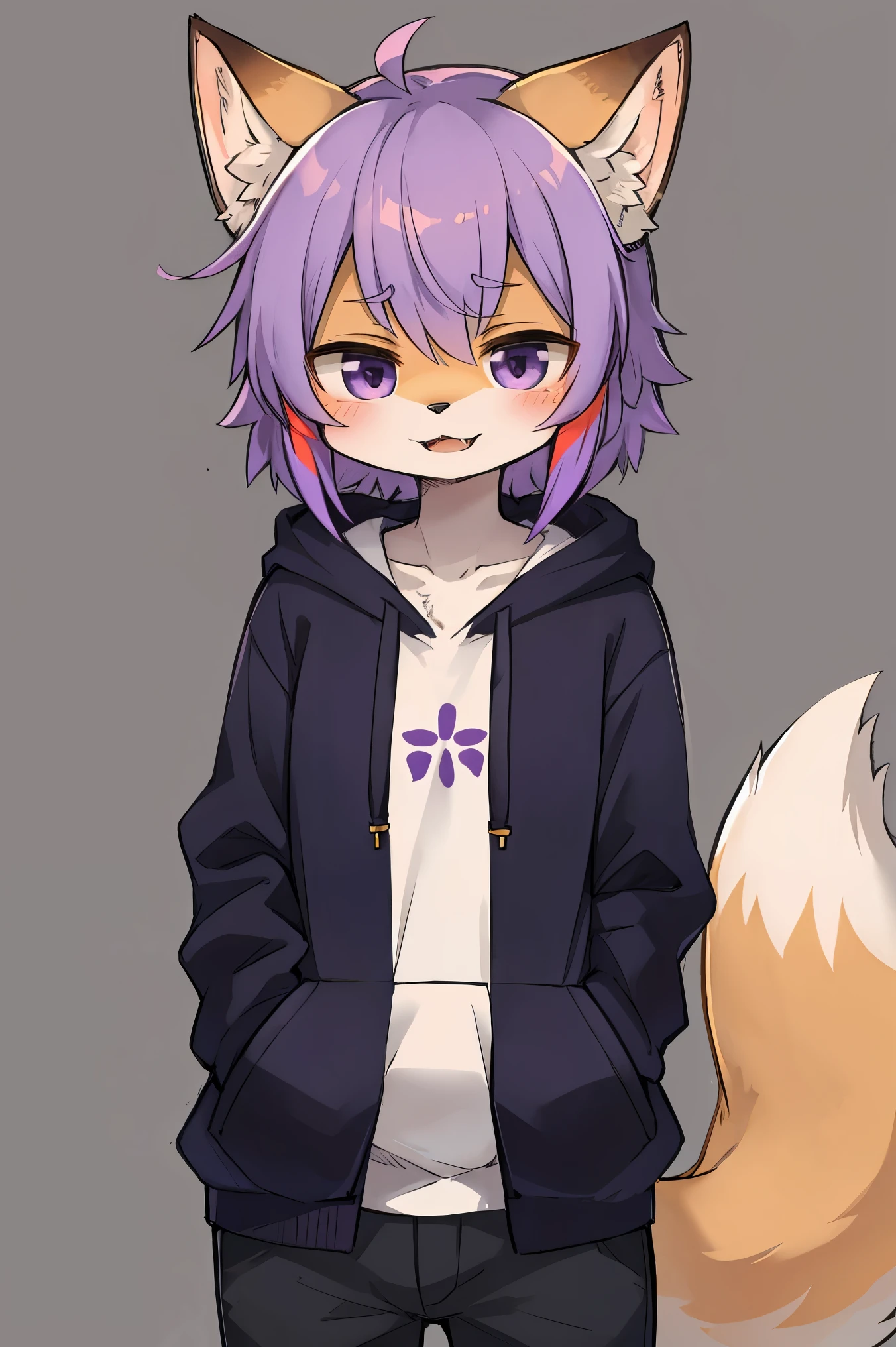 kemono furry, purple fur, light purple hair highlights, hoodie, fox, purple fox, highest quality