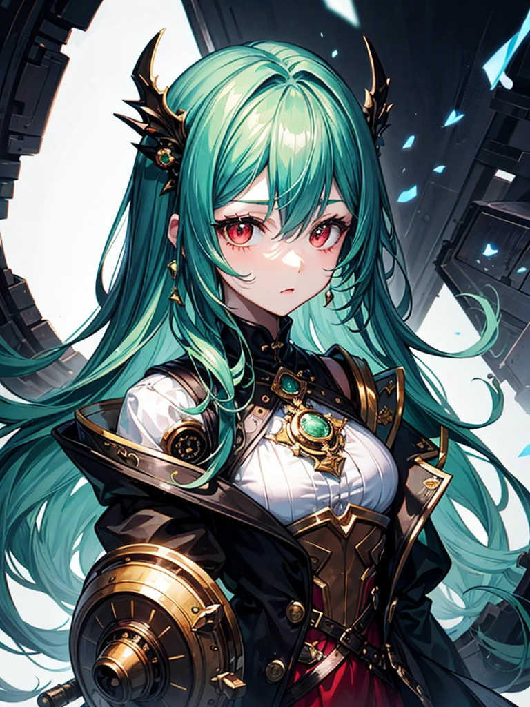 (((masterpiece、Highest image quality、highest quality、highly detailed unity 8kwallpaper)))、((Illustration of one girl))、(((beautiful girl)))、(Emerald green hair、sidelocks:1.2、red eyes)、(((Men)))、steampunk