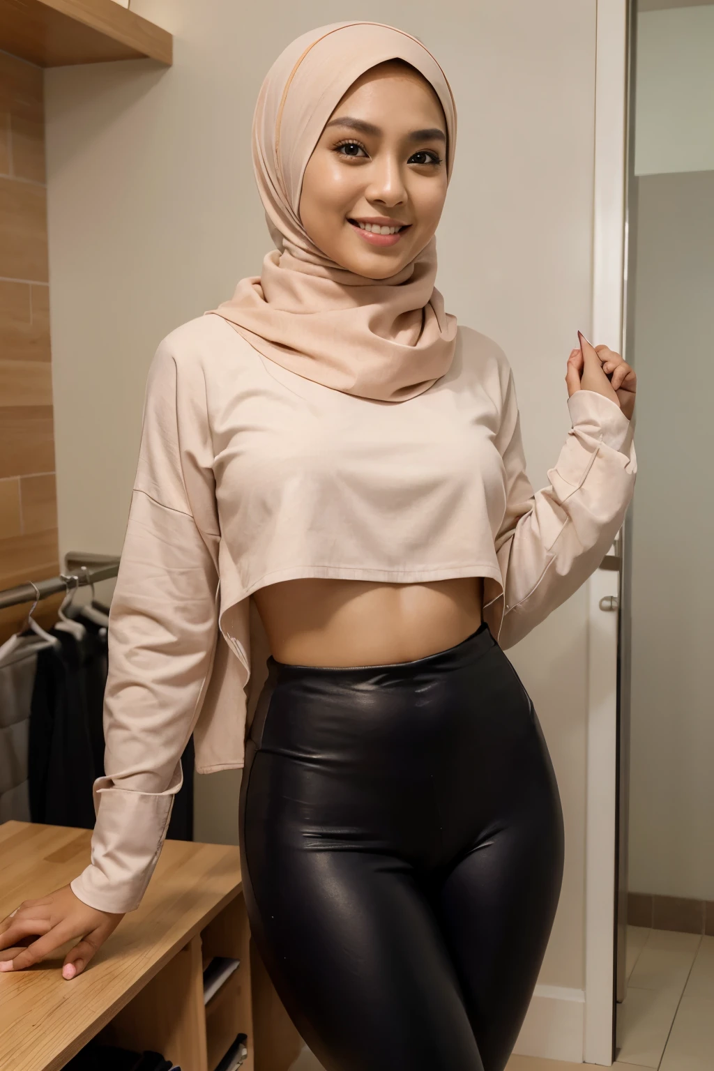 RAW, Best quality, high resolution, masterpiece: 1.3), beautiful Malay woman in hijab, Masterpiece, big gorgeous eyes, smiling, wear loose long sleeve shirt and legging, in changing room, Excellent lighting, Bright colors, Clean lines