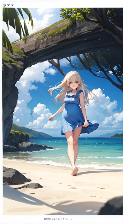 Blonde white old girl on the beach with slightly transparent white dress