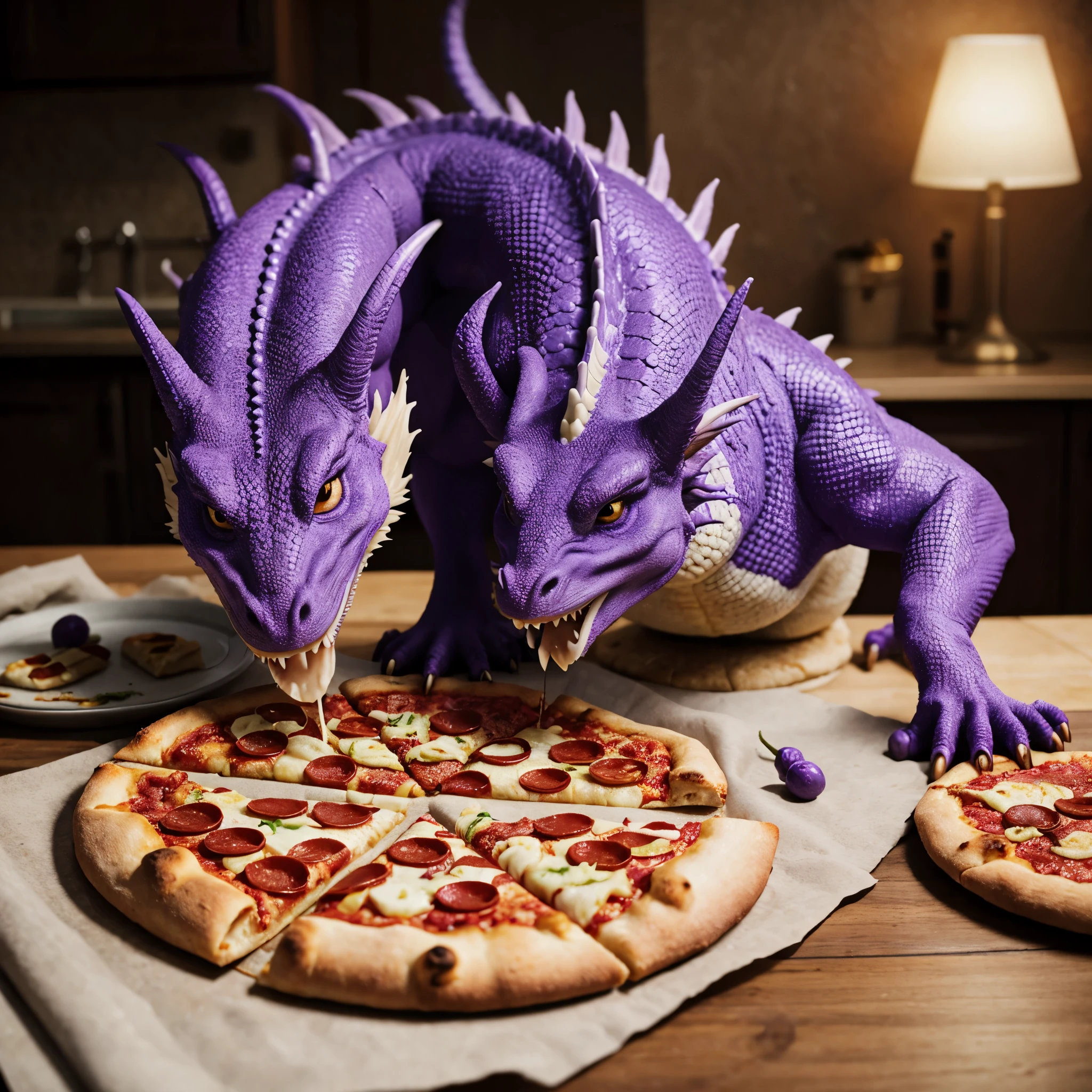 photorealistic purple dragon eats a slice of pizza