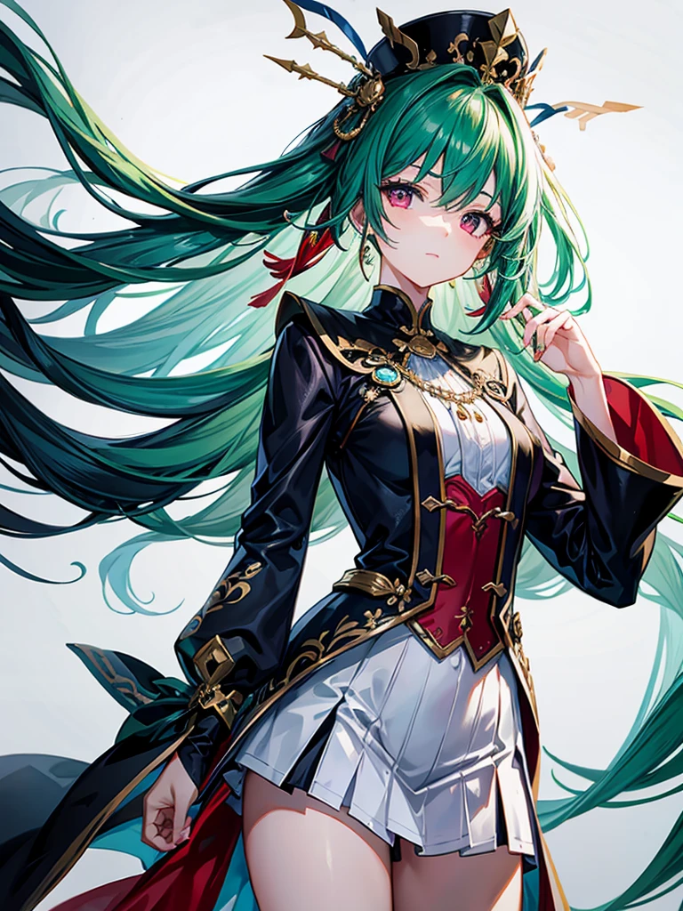 (((masterpiece、Highest image quality、highest quality、highly detailed unity 8kwallpaper)))、((Illustration of one girl))、(((beautiful girl)))、(Emerald green hair、sidelocks:1.2、red eyes)、(((Men、silk hat)))、tobacco