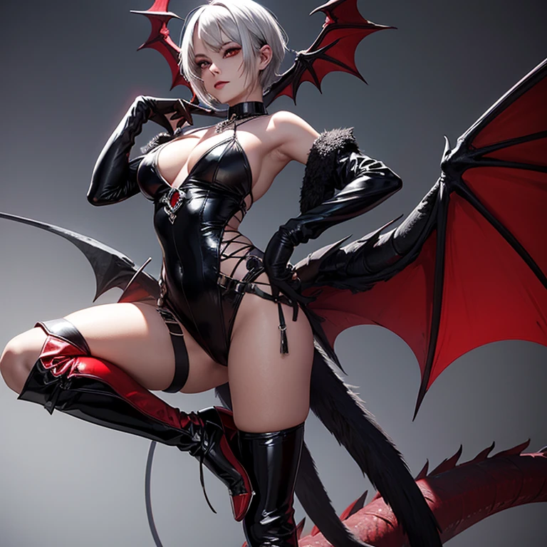 gorgeous demon girl, short silver hair, amber eyes, red and black horns, red and black dragon wings, red and black short sleeve body suit, chest exposed, blood sword, chains, evil grin, black high heel boots, black lace gloves, black lace necklace with rubies, dragon tail