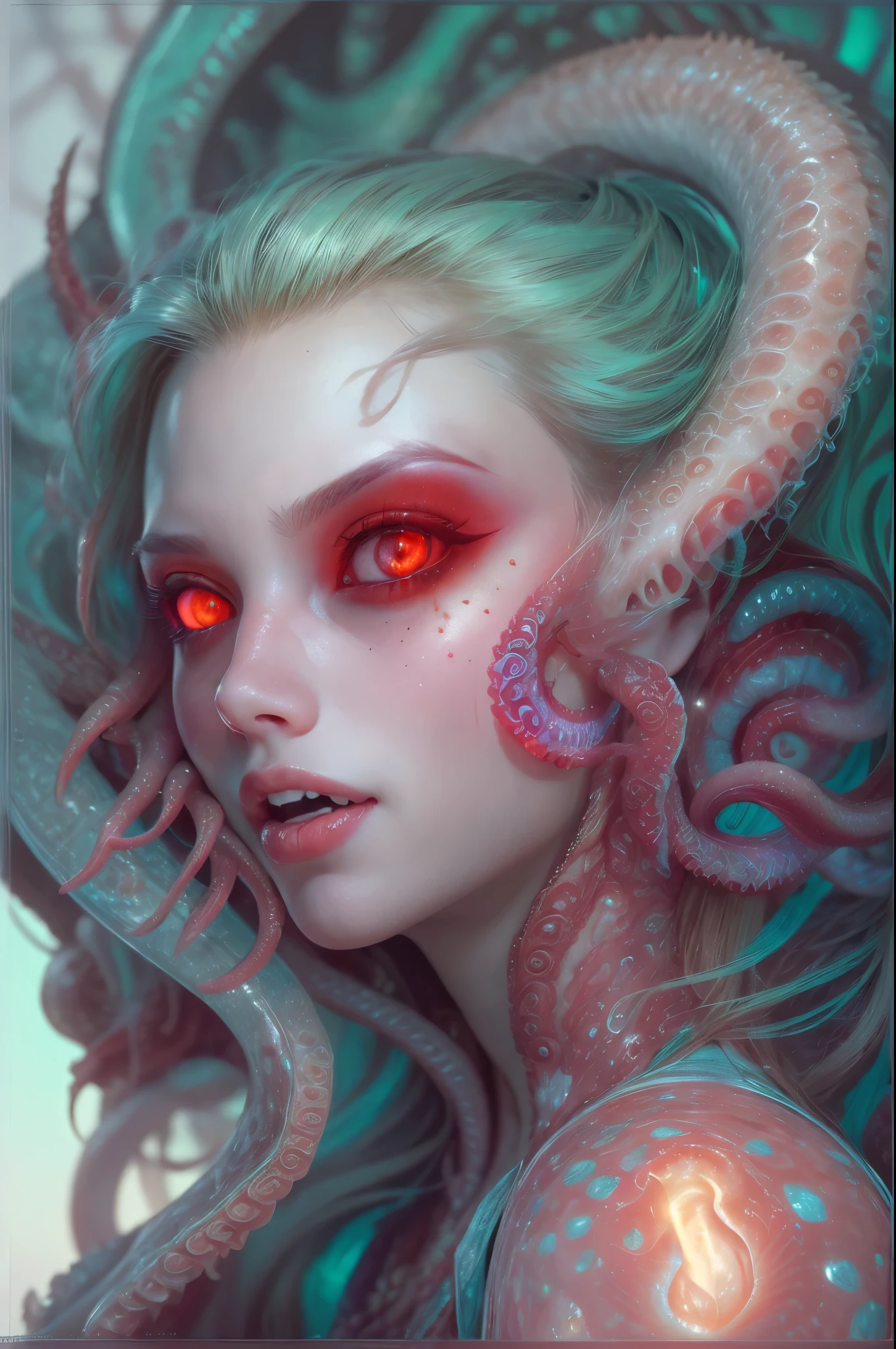 scary and sexy detailed art in color, Portrait, (beautiful and obscene female alien:1.4), (vulgarity1.5), (she has glowing red eyes with no pupils:1.8), (Translucent skin:1.7), ((There is a female genital-like organ in the middle of the forehead:1.9)), (The most beautiful face in the history of the universe:1.2),an evil gaze that seduces, (large mouth:1.1), (sharp teeth like a vampire:1.2), Full body portrait, (bio luminescent:1.5), (Smile wickedly:1.3), (sexypose:1.5), incredibly beautiful matured alien, (she has unparalleled beauty:1.5), No humans, cells are fused, (Lots of translucent tentacles:1.6) extraterrestrial, cell, bio image, best quality, 8K,In 4K_quality, High freshness, Dramatic Lighting, masterpiece:1.5, cinematic quality, detail up, (exquisite details:1.2), high resolution, High freshness, drawing faithfully, (Thick eyebrows:1.2), Beautiful eyes with fine symmetry, (Highly detailed face and eyes:1.2), (Super detailed skin quality feeling:1.1), perfect anatomy, (Beautiful toned body:1.5), (Moist skin:1.2), not wearing makeup, (dark circles:1.1), long canines, cinematic drawing of characters, ultra high quality model, cinematic quality, detail up, (exquisite details:1.2), high resolution, High freshness, drawing faithfully, official art, Unity 8K Wall , 8K Portrait, best quality, Very high resolution, ultra detailed artistic photography, midnight aura, unreal engine 5, Ultra Sharp Focus, art by Amano Yoshitaka, ArtGerm, Roisch, intricate artwork, best quality, masterpiece, ultra high resolution, (photos realistic:1.4), ultra realistic realism, dream-like, nautilus, Creation of fantasy, Snail, Dream Snail, (biopunk nautilus:1.3),Thrilling color schemes, ultra realistic realism, seductively smiling, (white tentacles with stripes:1.2), subtle emerald green accents, (expression of ecstasy:1.6) , in the dark, she has snake-like eyes