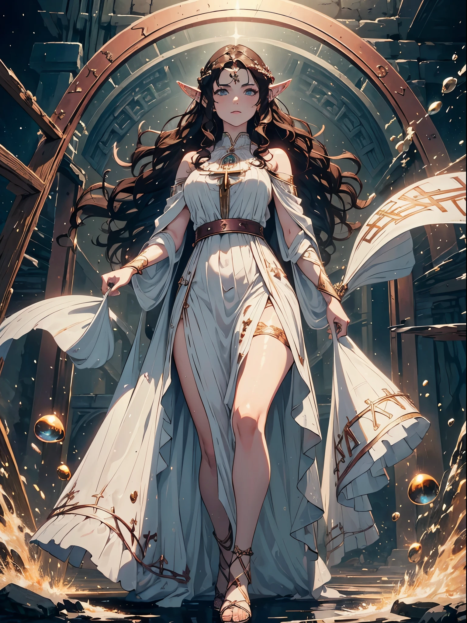 (full body shot:1.3),(((masterpiece))), (((best quality))), ((ultra-detailed)), (cinematic lighting), (illustration), (beautiful detailed eyes), (1Girl, Woman, Adult, round facial features:1.3), depth of field,(copper skin, elf:1.3), ((masterpiece, High quality, a high resolution,Detailed backstory, Detailed view, Good eyes, good anatomy)), (Thicc Hips), (dark hair, Wavy hair, long hair:1.5), water droplets, Kingsglaive Apparel, ((Fantasy Priest Costume, bare hands, Pearl accents, Greek clothes, Greek dress, Sandals), , Priest's Attire, (pointed ears:1.2),Adventurer's clothes,glowing eyes,(Olive eyes), Luminous water particles, Ancient Rome, (Divine Radiance:1.4), (absurdity, a high resolution, ultra detailed),Finely detailed eyes and detailed face, Philosophical, Iconography, Divination by numbers, Popularity, art