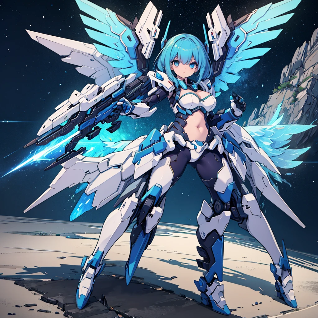 mecha_girl,((masterpiece:1.2)), ((highest quality)), detailed metal texture, perfect anatomy,1girl, (Solo:1.5), blue hair, (Mecha girl), (large wing:1.4)), white outfit, sapphire blue armor dress,((shiny armor, High-gloss armor)), many parts, cleavage, navel, thighs, menacing,(holding weapon), (Combat pose), (action pose:1.3), universe, nebula, aurora, vivid color, hight contrast