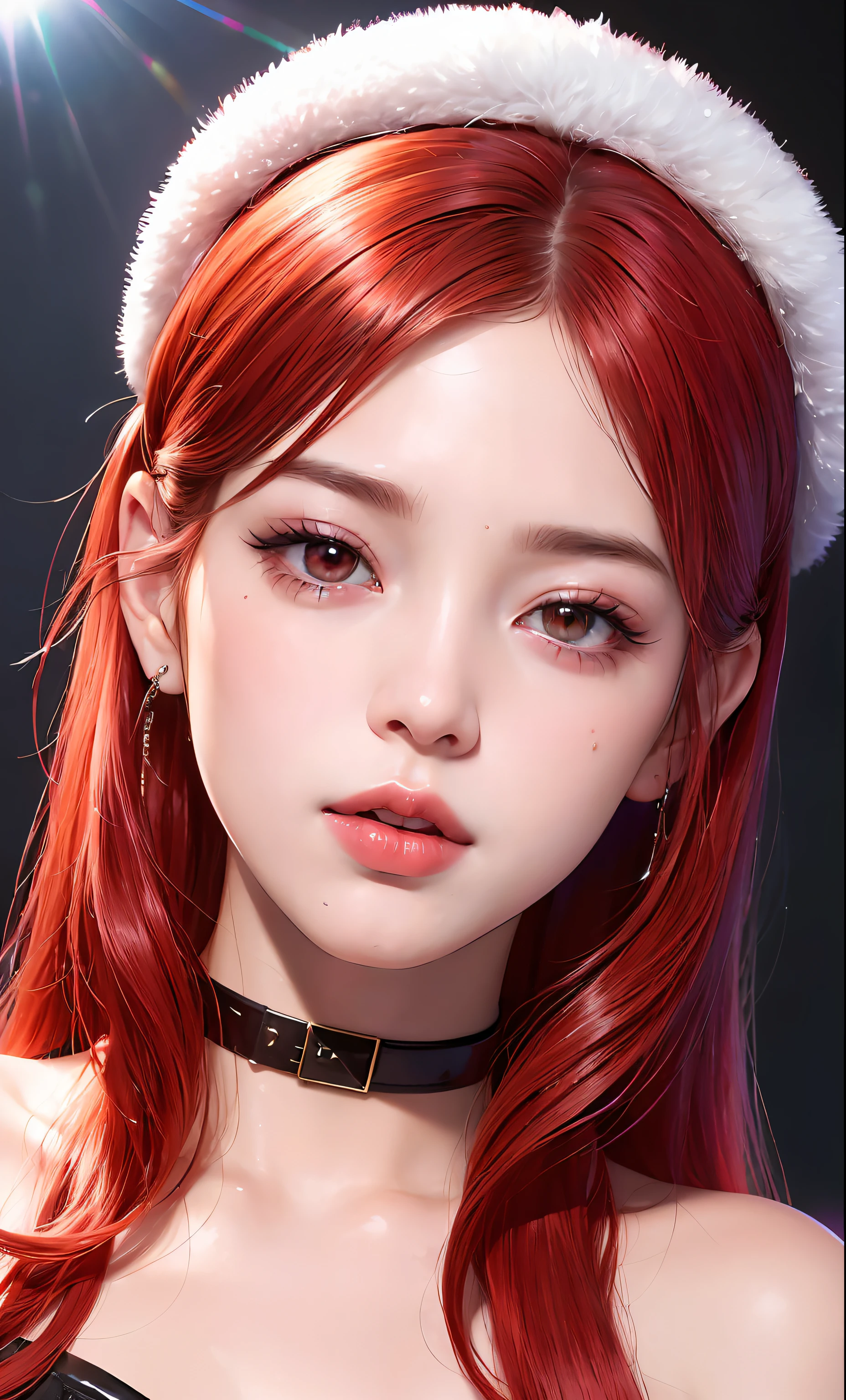 (8K, raw photo, photorealistic:1.25) ,( lip gloss, eyelashes, gloss-face, glossy leather, Best quality, ultra high resolution, depth of field, Chromatic aberration, caustics, Wide illumination, natural shading, K-pop idol) Watch the audience with serenity and happiness, Goddess-like，red cap ,Red hair,and red eyes