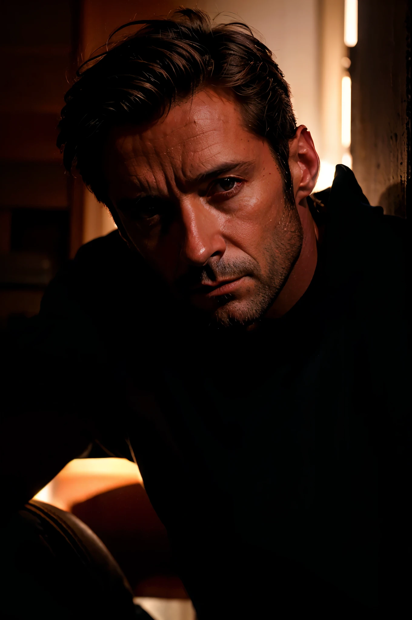 Retrato del actor Hugh Jackman, Hombre adulto, Realista, Detalles, (Mejor calidad,fotorrealista),(Oscuro,presentimiento), Detailed brown eyes, Pelo corto y negro, Peinado moderno, Ojeras visibles, athletic body, sinister atmosphere, Mirada intensa, aura misteriosa, Postura sinuosa y tensa, Dramatic Shadows and Lighting, Vivid contrast between light and dark, Indicios de peligro.