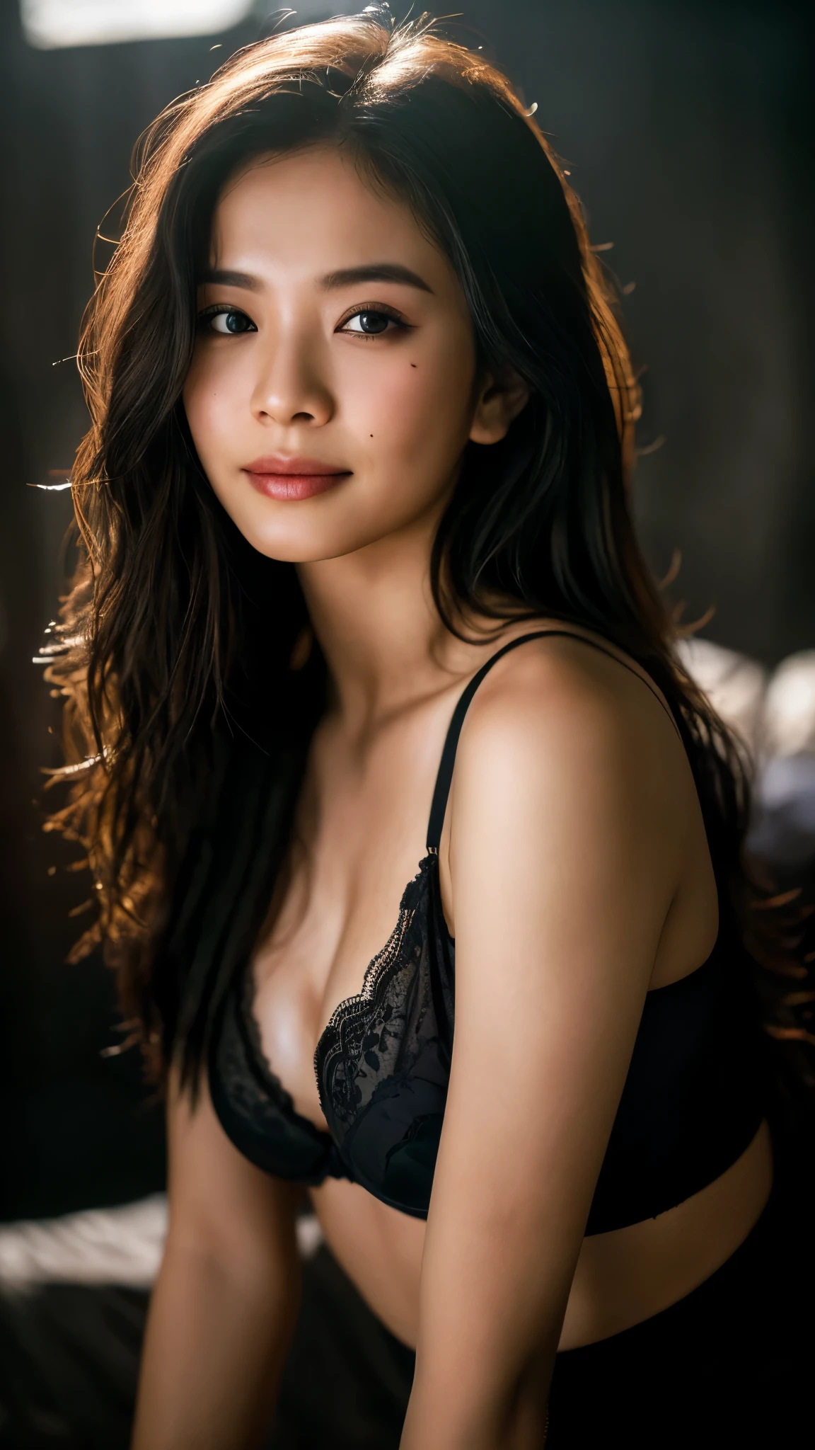 highest quality, epic realistic, ((in the pitch black darkness :1.4)), ((portrait:1.5)),(background: dark ) high contrast ,glorious picture, lowest lux, lighting face, she's comfortable, wearing lingerie, looks incredible, (8k, Raw photo, Highest quality),(epic realistic:1.5), a woman, face,(detailed eyes:0.8),(looking at the camera:1.4), (Highest quality), ( high contrast, deep shadows),Intricate details,cinematic,((skin:1.4)), (long dark hair:1.3), long hair, messy ,(Hdr:1.5),Detailed, colors, Superior quality, Masterpiece, Raw Photo (20-year-old, looking at viewer), beautiful, (wearing underwear,), perfect, natural, perfect composition, portrait, perfect face, smiling expression, Captivating eyes, Bright details, Tight lips, (High Skin Detail),, (blue tint: 0.6), (sale: 0.8), (bloody: 0.7), Key lighting , (backlight: 0.5), Medium depth of field, Canon 5d, 50mm lens, f/4 apertures, (Ultra-detailed, Complex detail), sharp focus, soft colors, 8k, Absurd, 80mm, dark background, photography, smiling, pinay, filipina, medium boobs,