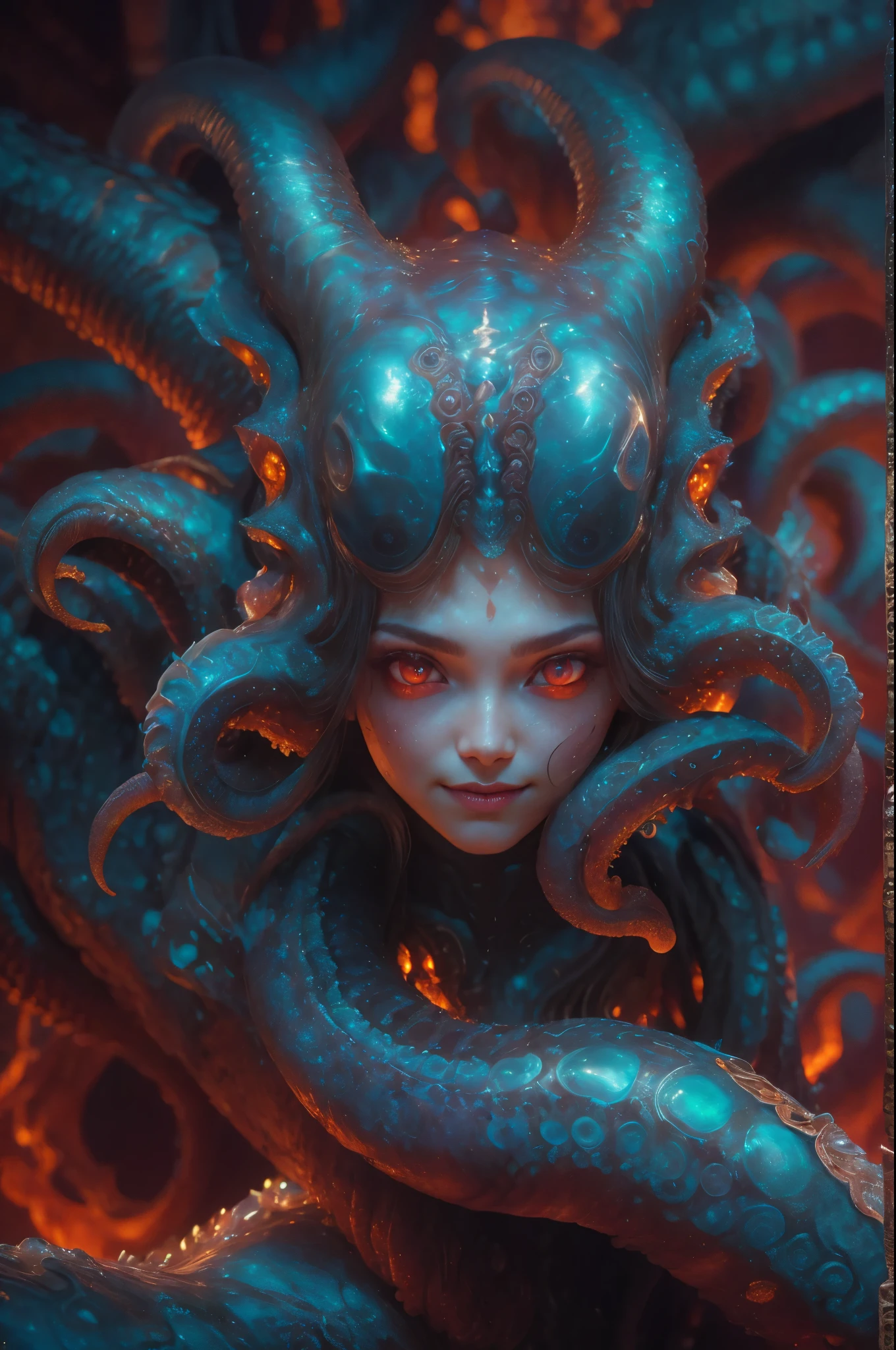 Portrait, (beautiful female alien:1.2), (she has red eyes with no pupils:1.8), (Translucent skin:1.7), (There is a female genital-like organ in the middle of the forehead:1.9), (The most beautiful face in the history of the universe:1.2),an evil gaze that seduces, (large mouth:1.1), (sharp teeth like a vampire:1.2), Full body portrait, (bio luminescent:1.5), (Smile wickedly:1.3), (sexypose:1.5), alien, No humans, cells are fused, (Lots of translucent tentacles:1.3) extraterrestrial, cell, bio image, best quality, 8K,In 4K_quality, High freshness, Dramatic Lighting, masutepiece:1.5,cinematic quality, detail up, (exquisite details:1.2), high resolution, High freshness, drawing faithfully, (Thick eyebrows:1.2), Beautiful eyes with fine symmetry,(Highly detailed face and eyes:1.2), Intimate face, (Super detailed skin quality feeling:1.4), perfect anatomy, (Beautiful toned body:1.5), (Moist skin:1.2), not wearing makeup, (dark circles:1.1), long canines, cinematic drawing of characters, ultra high quality model, cinematic quality, detail up, (exquisite details:1.2), high resolution, High freshness, drawing faithfully, official art, Unity 8K Wall , 8K Portrait, best quality, Very high resolution, ultra detailed artistic photography, midnight aura, unreal engine 5, Ultra Sharp Focus, art by alberto seveso, ArtGerm, Roisch, intricate artwork, best quality, masterpiece, ultra high resolution, (photos realistic:1.4), ultra realistic realism, dream-like, nautilus, Creation of fantasy, Snail, Dream Snail, (biopunk nautilus:1.3),Thrilling color schemes, ultra realistic realism, seductively smiling, Blue tentacles,