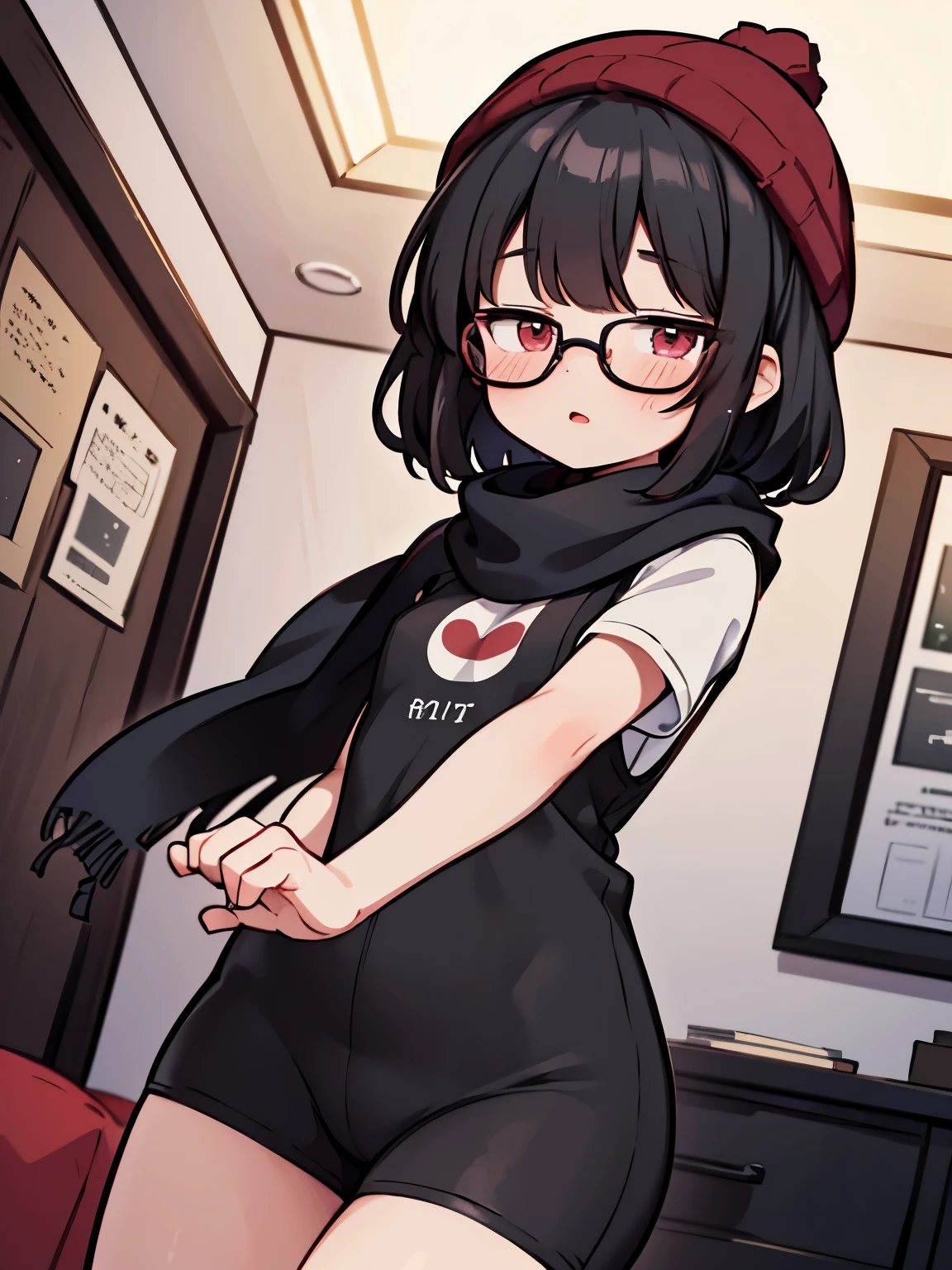 (masterpiece), insanely detailed, ultra-highres, ultra-detailed, best quality, 1 girl, solo, nice hands, perfect hands, best quality, high quality, perfect-lighting, illustration, cute girl, detailed-face, small breasts, dynamic pose, cowboy shot, looking at viewer, full body model, girl, dynamic pose, cowboy shot, black hair, fluffy cut hair, (short) red eyes, beautiful woman, 1 girl, solo, cute girl, blushing, expressive eyes, Round Glasses Black, black beanie, (black) fluffy cut black hair, black scarf, random clothes, (tight fitting), living room,