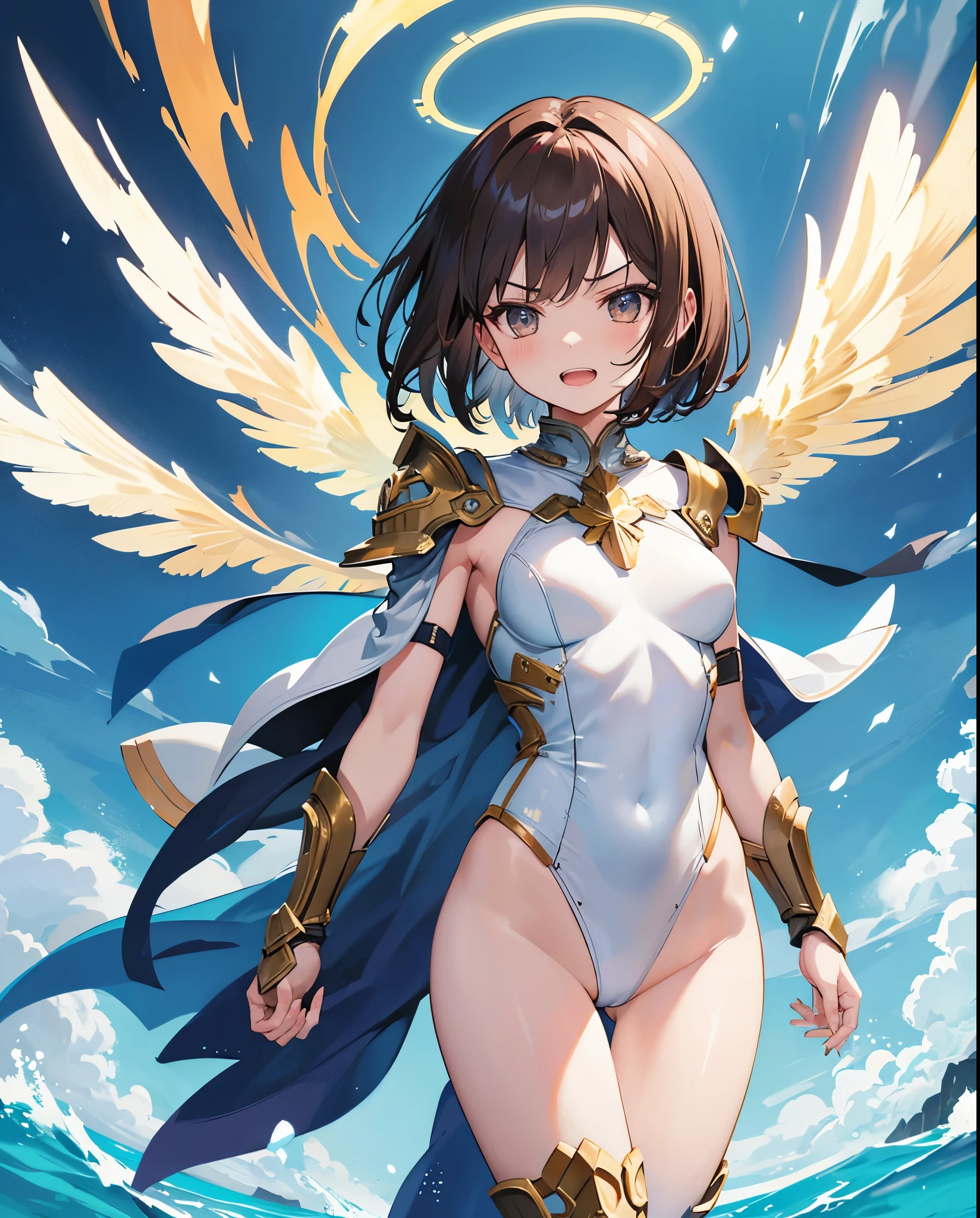 fantasy, 1angel_girl, loli,bwn_hair, medium_bob_hair, long_bangs, halo,bare_shoulder,thighhighs,silver_armor, waist_armor, large_breasts,angry,grinning,open_mouth_teeth, 1pair_wings, dynamic_pose_fighting,floating, bare_crotch, headgear,gauntlet, greaves,ocean_sky_background,slightly_spread_legs, solo, groin_naked,