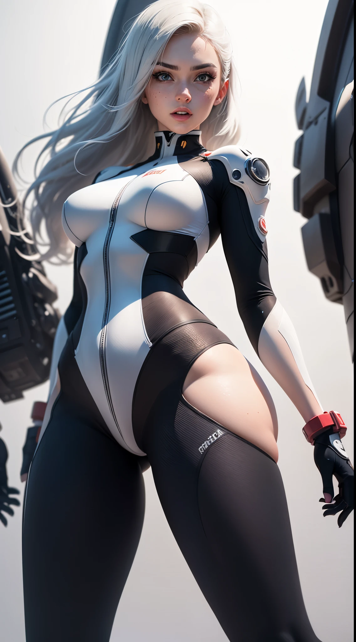 (((Young White Woman))), ((Best Quality)), ((Masterpiece)), (Detail: 1.4), 3D, A Beautiful Cyberpunk Woman with Simon Bisley-style micro thong, Genesis evangelion neon style clothing, 2-piece clothing, Long silver hair, arm tatoo, cybernetic hands, (((girl in mech suit))) The mouth is beautifully open, (tongue out:0.9), perfect long model legs, sneakers, sexy look, (((barcode))), full pose, wide hips, perfect face, perfect eyes, natural body posture, hourglass body shape, thick thighs, slim waist, full-body_portrait, pastel, Centered, scale to fit the dimensions, nffsw (High dynamic range),Ray tracing,NVIDIA RTX,Hyper-Resolution,Unreal 5,Subsurface Dispersion, PBR Texture, Post-processing, Anisotropy Filtering, depth of fields, Maximum clarity and sharpness, Multilayer textures, Albedo and specular maps, Surface Shading, accurate simulation of light and material interactions, Perfect proportions, Octane Render, Two-tone lighting, Wide aperture, Low ISO, White Balance, thirds rule, 8K Raw, Crysisnanosuit,loraeyes,nijistyle,pantyhose, freckles, nsfw, sexual pose , High detailed, 300dpi, dynamic pose, (((dynamic angle))) , ((((white simple background))), (((flirt))), Blue eyes