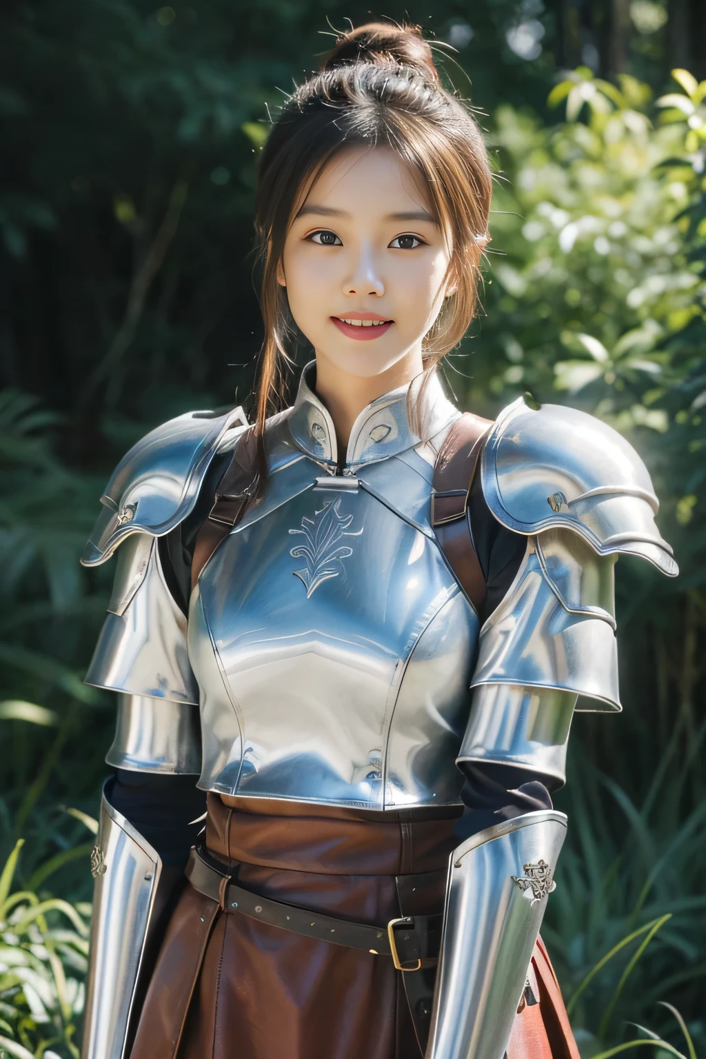 Chinese female general Hua Mulan，reddish brown leather armor，Silver scale metal shoulder pads，Silver metal breastplate，battlefield background，majestic，Smile（open mouth）（The corners of the mouth are raised），Leather tunic，Knee pads，silver helmets，There is no shadow on the face，Bundle hair（silver metal headband），Hair bun raised high。Wild forest background