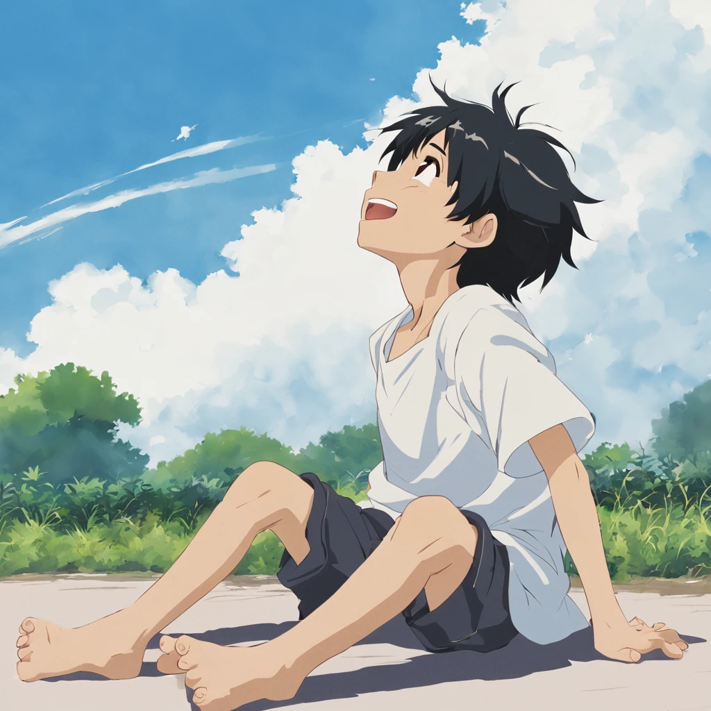 A oriental anime boy with black hair and brown eyes,Cute and naughty,Sitting cross-legged on the ground, looking up to the sky and laughing,face close-up,镜头从profile侧上方看下去,profile,profile,profile,messy hair flying