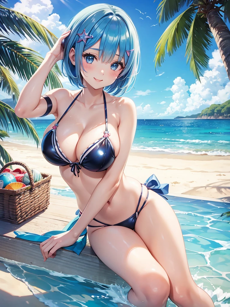 masterpiece, best quality, ultra-detailed,
shiny skin, latex, large breasts, cleavage,
Rem, re zero, Blue hair, Short bob hair,
one girl、neatness girl、beautiful girl、Bikini、beach、Summer、Bikini、beautiful Bikini、neatness Bikini、smile、beautiful、beautiful neatness girl、Sea、beautiful beach、Summer drink、
