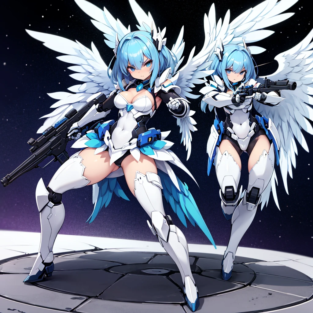 mecha_girl,((masterpiece:1.2)), ((highest quality)), detailed metal texture, perfect anatomy,1girl, (Solo:1.5), blue hair, (Mecha girl), (large wing:1.4)), white outfit, sapphire blue armor dress,((shiny armor, High-gloss armor)), many parts, cleavage, navel, thighs, menacing,(holding weapon), (Combat pose), (action pose:1.3), universe, nebula, aurora, vivid color, hight contrast