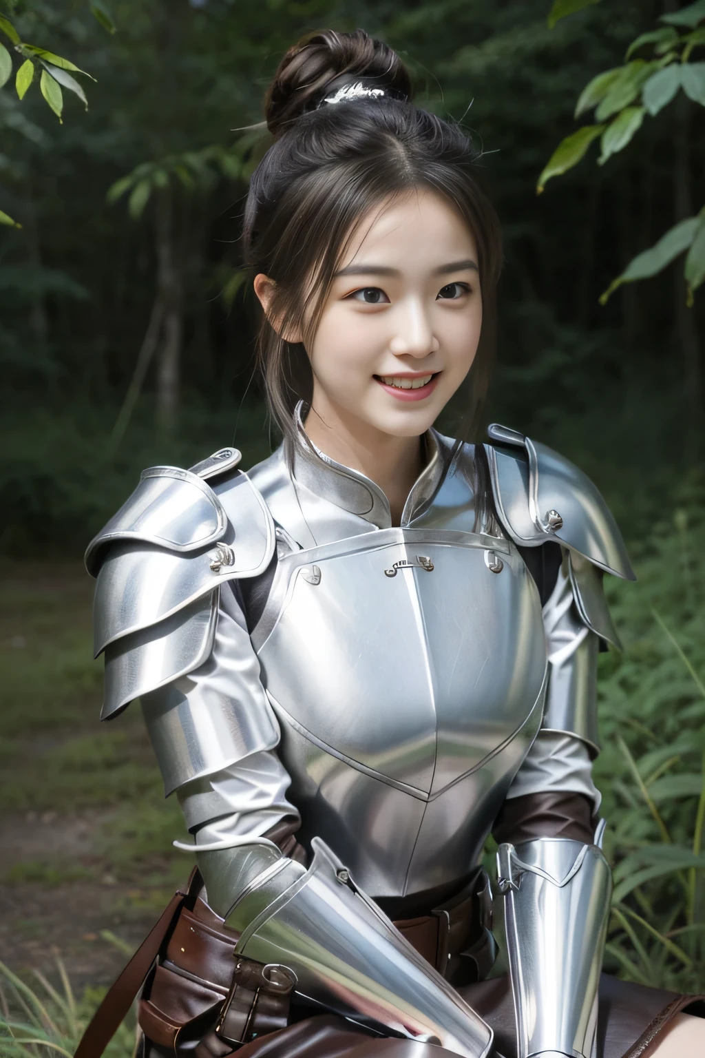 Chinese female general Hua Mulan,reddish brown leather armor,Silver scale metal shoulder pads,Silver metal breastplate,battlefield background,majestic,Smile(open mouth)(The corners of the mouth are raised),Leather tunic,Knee pads,silver helmets,sunshine on face,,Bundle hair(silver metal headband),Hair bun raised high。Wild forest background