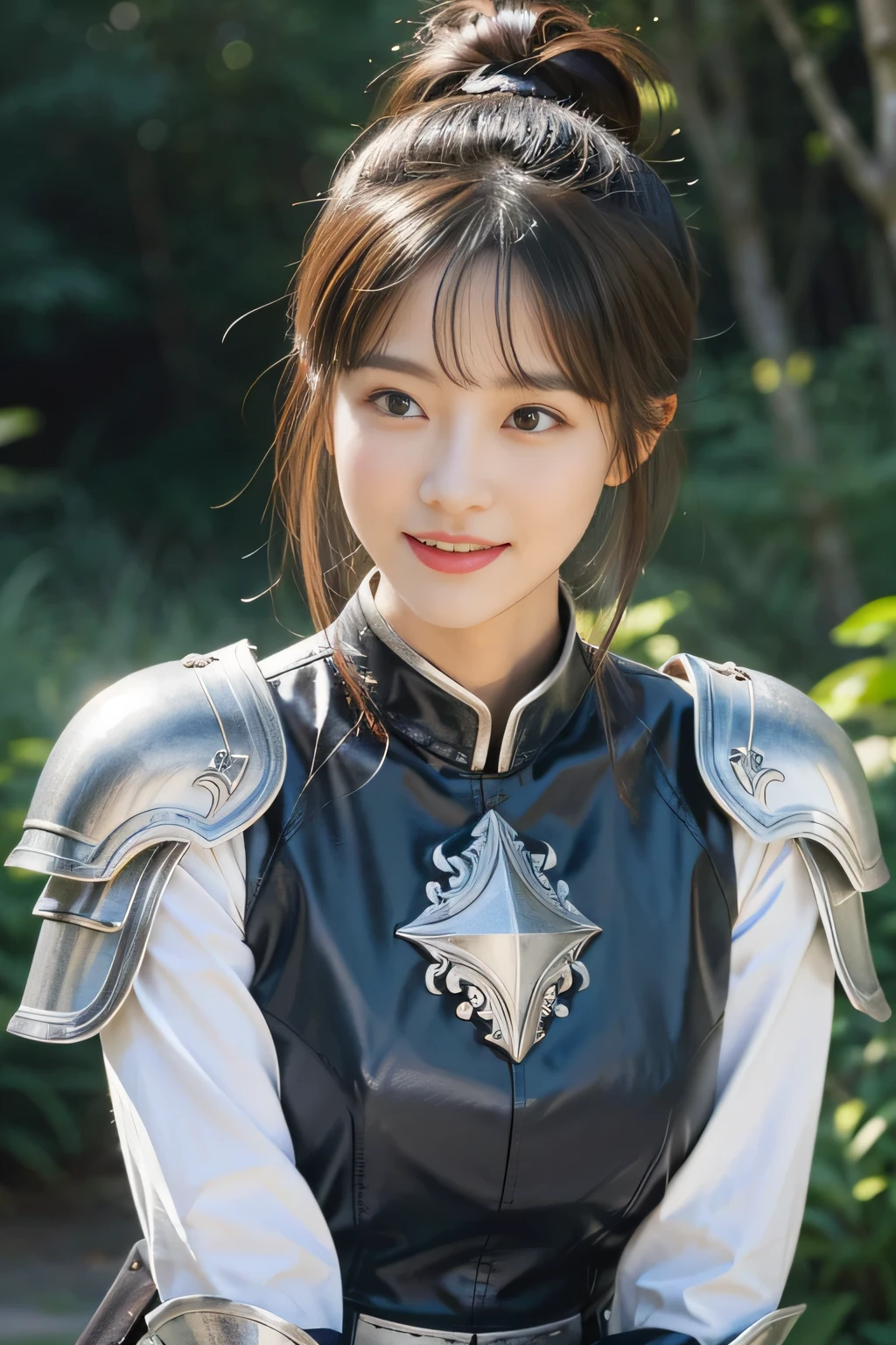 Chinese female general Hua Mulan，reddish brown leather armor，Silver scale metal shoulder pads，Silver metal breastplate，battlefield background，majestic，Smile（open mouth）（The corners of the mouth are raised），Leather tunic，Knee pads，silver helmets，sunshine on face，，Bundle hair（silver metal headband），Hair bun raised high。Wild forest background