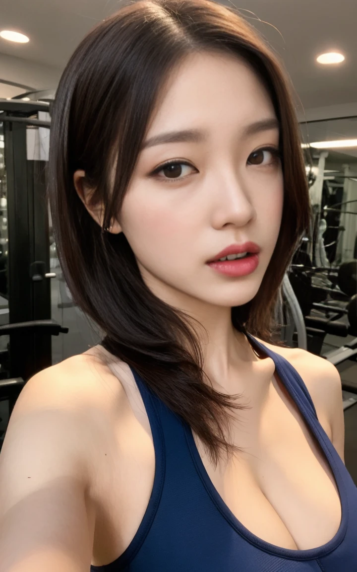 fitness club、wearing fitness clothes、(erotic face)、detailed lips、A woman with the same face as last time(misaki)，４Ｋ、１people&#39;s women、slender、 Loose wavy styling 、seductive and attractive、full body shot,Including face and skin texture，detailed eyes、a seductive look