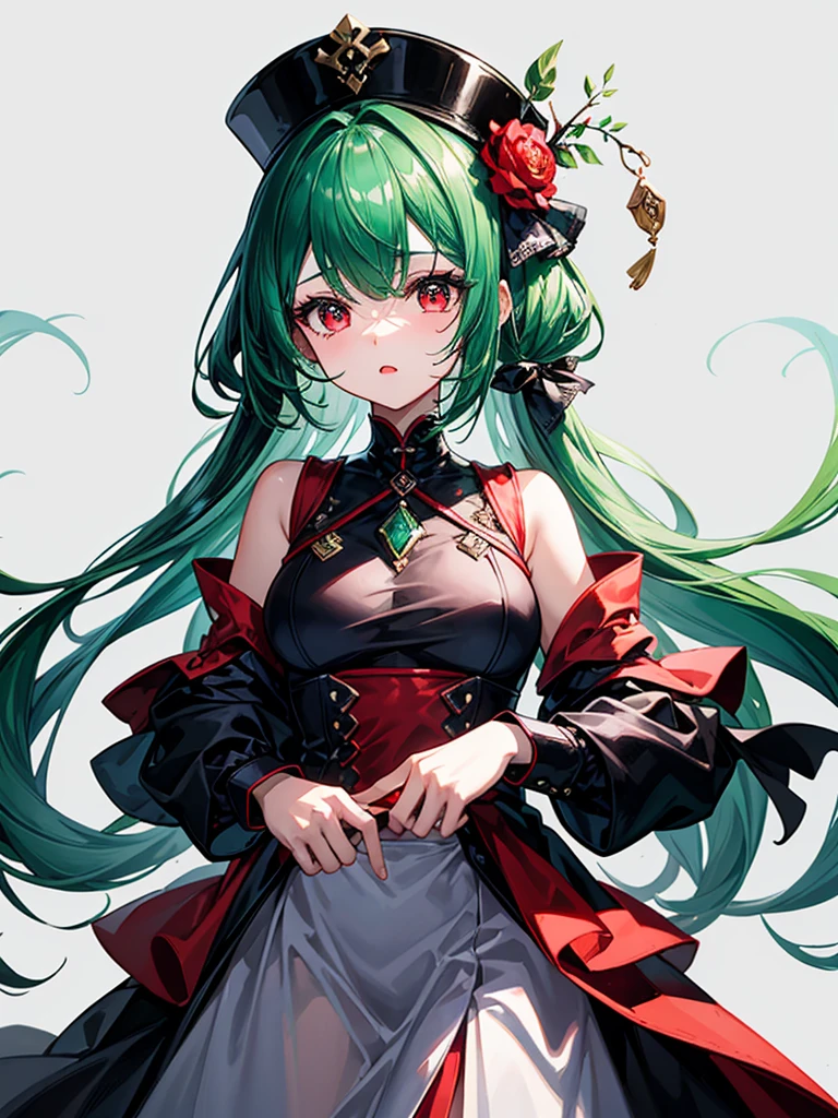 (((masterpiece、Highest image quality、highest quality、highly detailed unity 8kwallpaper)))、((Illustration of one girl))、(((beautiful girl)))、(Emerald green hair、sidelocks:1.2、red eyes)、(((Men、silk hat)))