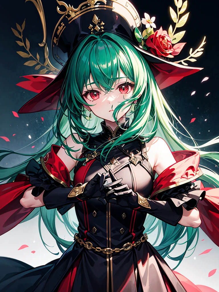 (((masterpiece、Highest image quality、highest quality、highly detailed unity 8kwallpaper)))、((Illustration of one girl))、(((beautiful girl)))、(Emerald green hair、sidelocks:1.2、red eyes)、(((Men、silk hat)))