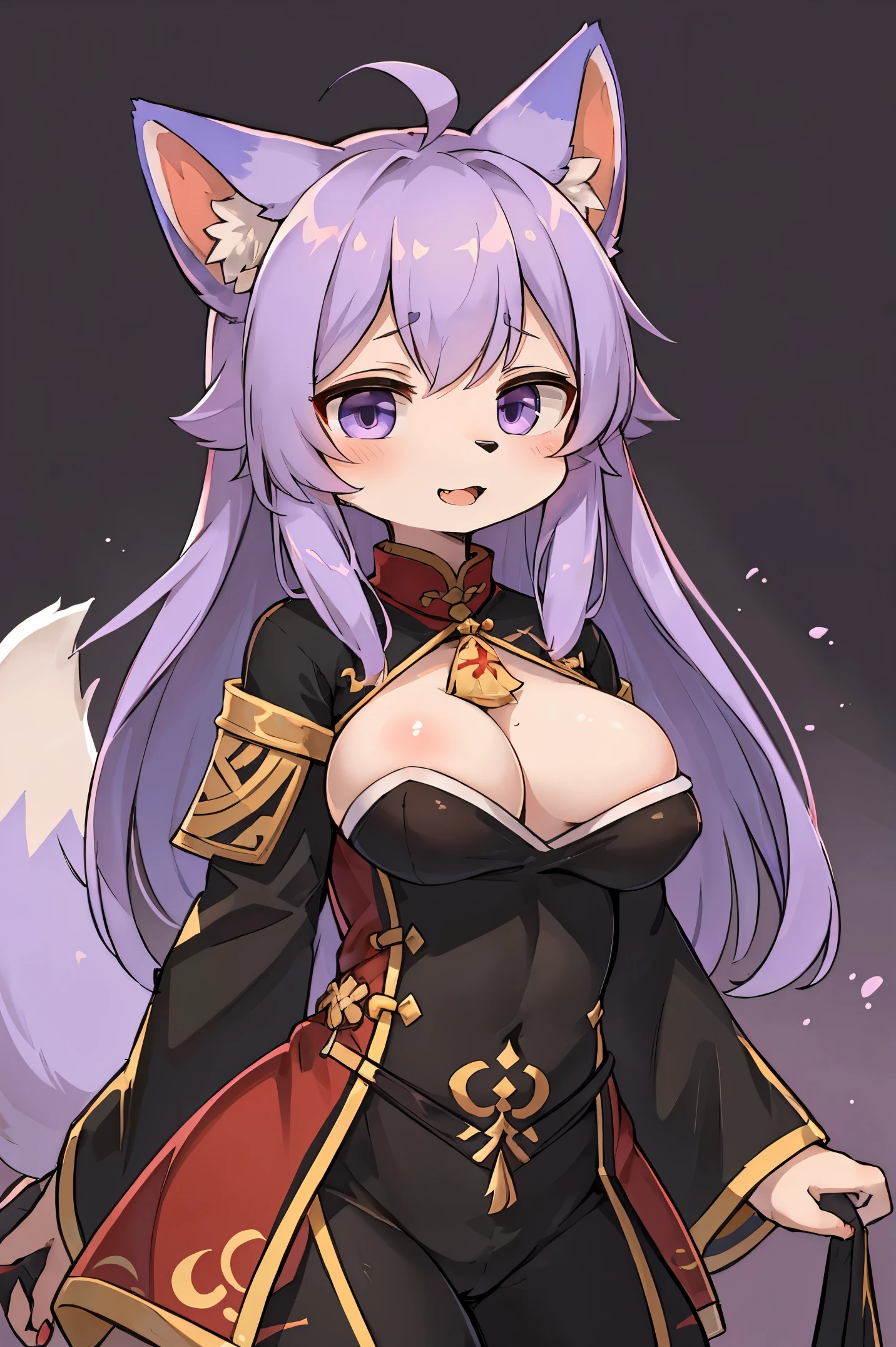 kemono furry, purple fur, light purple hair highlights, hu tao outfit, genshin impact, fox, purple fox, highest quality, female, small ,
