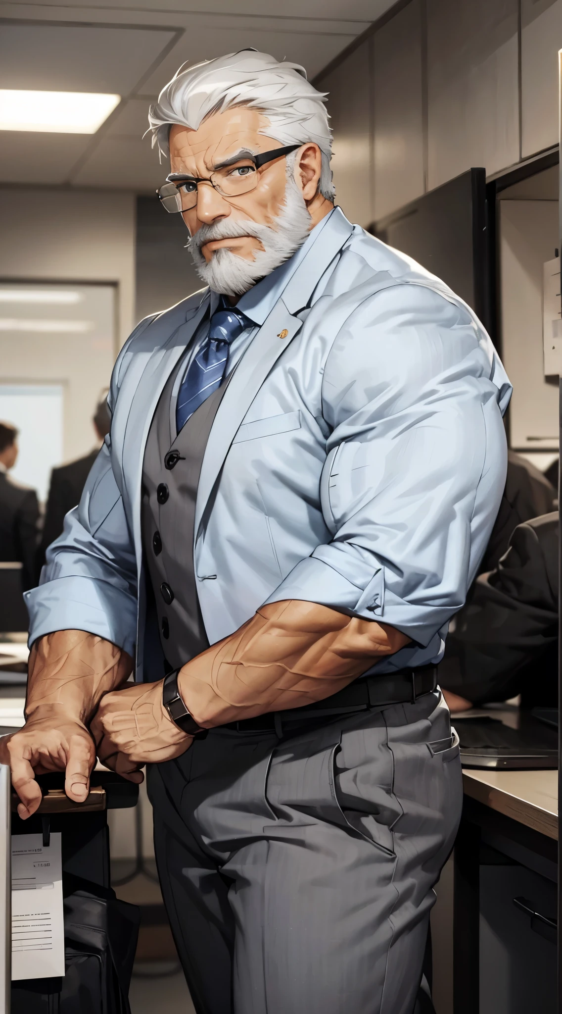 solo, 1boy, Huge Muscular Old man wearing suits and glasses, short white hair, bearded, mustache, office background, halfbody, looking to viewer, masterpiece, high detailed, 8k, high resolution