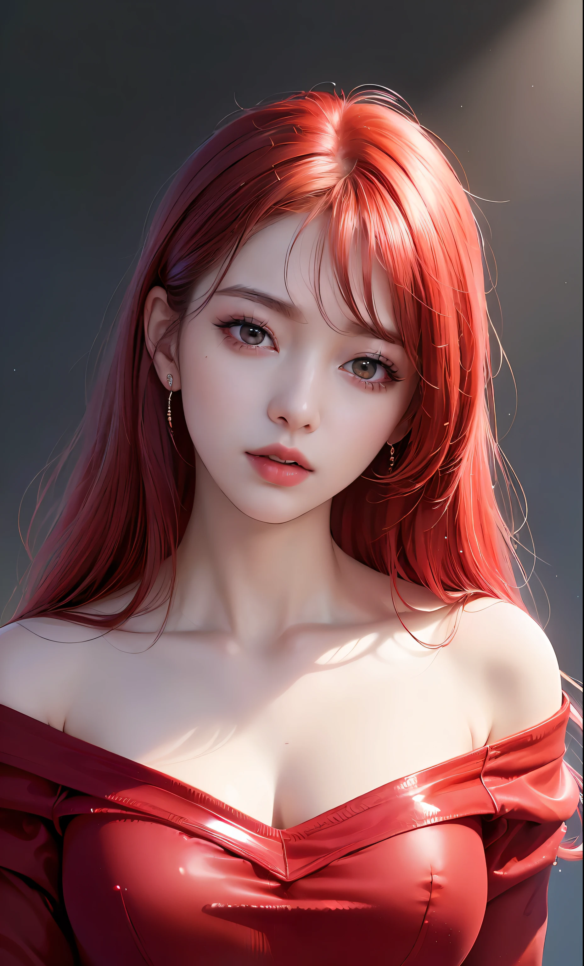 (8K, raw photo, photorealistic:1.25) ,( lip gloss, eyelashes, gloss-face, glossy leather, Best quality, ultra high resolution, depth of field, Chromatic aberration, caustics, Wide illumination, natural shading,K-pop idol,Red eyes, Red hair, red clothes,Little Red Riding Hood) looking at the viewer with serene and divine happiness,