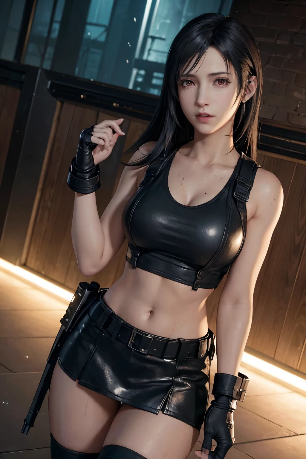 (Top Quality, Masterpiece: 1.1), (realisitic:1.3), BREAK (((FF7,Tifa_lockhart))),Ultra-detailed face, Detailed RED eyes,black Brown Hair, (Large breasts: 1.2),(A dark, old ruins:1.3,wet,dark), BREAK (((FF7,Tifa_lockhart))),(black crop top vest, brown belt, pistol holster on thigh, tactical gloves, black minileather skirt, police uniform style:1.3, black long tube flat boots, police badge on chest, police car), about 18 years old, BREAK (face focus:1.1,face close up:1.1),cool pose:1.2