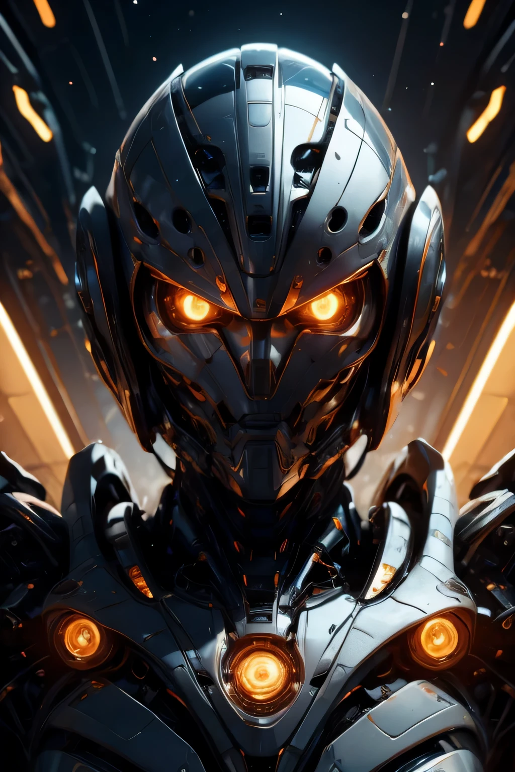 CG Mecha、beautiful eyes、Upper body、woman、Mechanic Armor、Portrait、robot、white orange armor、neon、8K、born、Highest image quality、muste piece、ultra high resolution、colorful、(Medium-wide)、(Dynamic Perspective)、sharp focus、(Depth of bounds written)、highly detailed eyes and face、beautiful detailed eyes、Black gold、trimming gear:1.2)、((muste piece、Highest image quality))、detailed background、Inside the spacecraft、gray hair、Luminescent、full moon、gtx4090、stand up、matrix、dark fantasy,Crescent Moon、abyss、perfect form