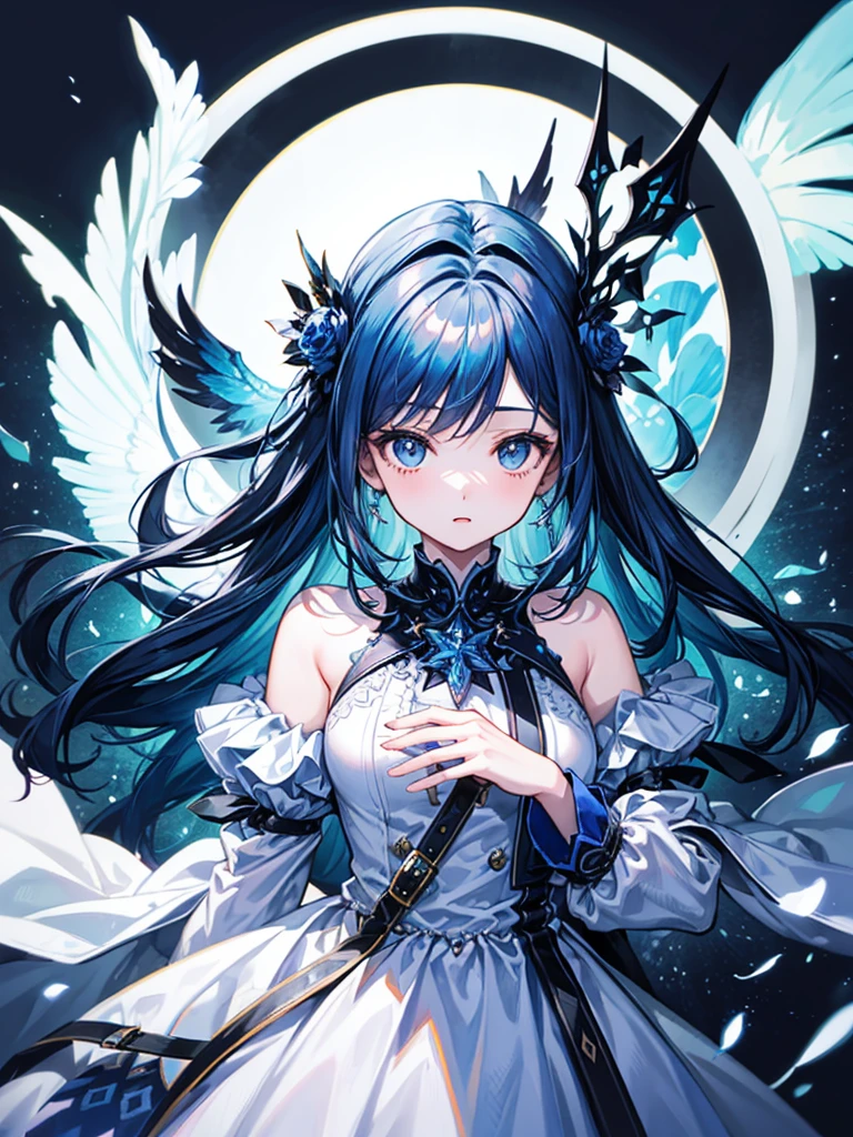 (((masterpiece、Highest image quality、highest quality、highly detailed unity 8kwallpaper)))、((Illustration of one girl))、(((beautiful girl)))、blue hair、white clothes