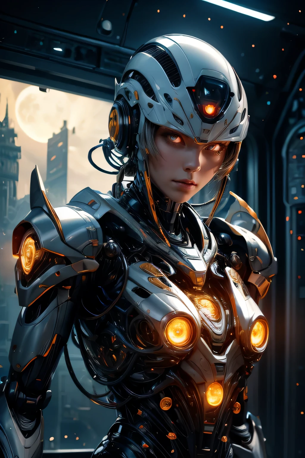 CG Mecha、beautiful eyes、Upper body、woman、Mechanic Armor、Portrait、robot、white orange armor、neon、8K、born、Highest image quality、muste piece、ultra high resolution、colorful、(Medium-wide)、(Dynamic Perspective)、sharp focus、(Depth of bounds written)、highly detailed eyes and face、beautiful detailed eyes、Black gold、trimming gear:1.2)、((muste piece、Highest image quality))、detailed background、Inside the spacecraft、gray hair、Luminescent、full moon、gtx4090、stand up、matrix、dark fantasy,Crescent Moon、abyss、perfect form