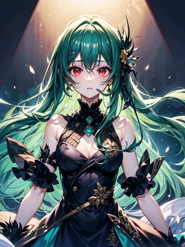 (((masterpiece、Highest image quality、highest quality、highly detailed unity 8kwallpaper)))、((Illustration of one girl))、(((beautiful girl)))、(Emerald green hair、sidelocks:1.2、red eyes)、(((Men)))