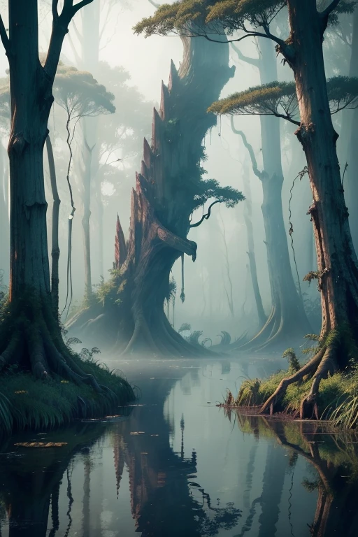 When you find yourself in front of a picture of a dense swamp, You are surrounded by an atmosphere of mystery and mystery. Gloomy and impenetrable water stretches ahead, Like a black mirror, Reflective clouds, swaying in the gray sky.

Circles can be seen on the surface of the swamp water, diverging from each drop, creating the effect of smooth wave expansion. vegetation, overgrown near the water, Looks like a green veil, which is mysteriously intertwined with thick vines, hanging from trees.

Between the dense thickets of reeds rise several trunks of tall trees, hidden in the fog and impregnable by vines. Their silhouettes are twisted by the winds, and it seems, as if they wearily bow to the impenetrable magic of the swamp.

In the distance, you can hear the dull croaking of frogs and the buzzing of insects, creating a hypnotic symphony in the surrounding space. The air is saturated with the smell of rotting leaves and dirt, creating an atmosphere of heaviness and darkness.

Occasionally, a slowly gliding crocodile or snake can be seen on the surface of the swamp water, curled up in a ball on a branch of a stunted tree. They are like guardians of this mysterious corner of nature.

And although at first glance the swamp seems to be a barren and lifeless place, It is a unique ecosystem, where every plant and animal plays a role in putting together a complex puzzle of nature. Every rustle, Every movement triggers a wave of life in this dark story, played out among swamps and bogs.