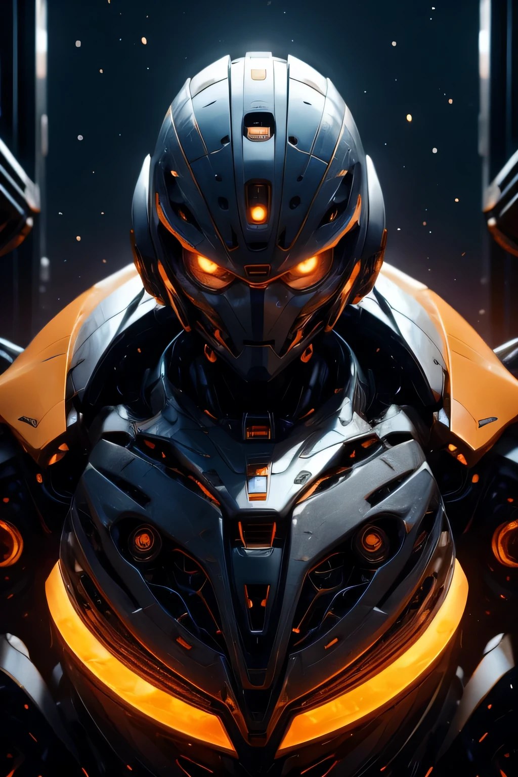 CG Mecha、beautiful eyes、Upper body、woman、((Overall image))、Portrait、robot、white orange armor、neon、8K、born、Highest image quality、muste piece、ultra high resolution、colorful、(Medium-wide)、(Dynamic Perspective)、sharp focus、(Depth of bounds written)、highly detailed eyes and face、beautiful detailed eyes、Black gold、trimming gear:1.2)、((muste piece、Highest image quality))、detailed background、Inside the spacecraft、gray hair、Luminescent、full moon、gtx4090、stand up、matrix、dark fantasy,Crescent Moon、abyss、perfect form