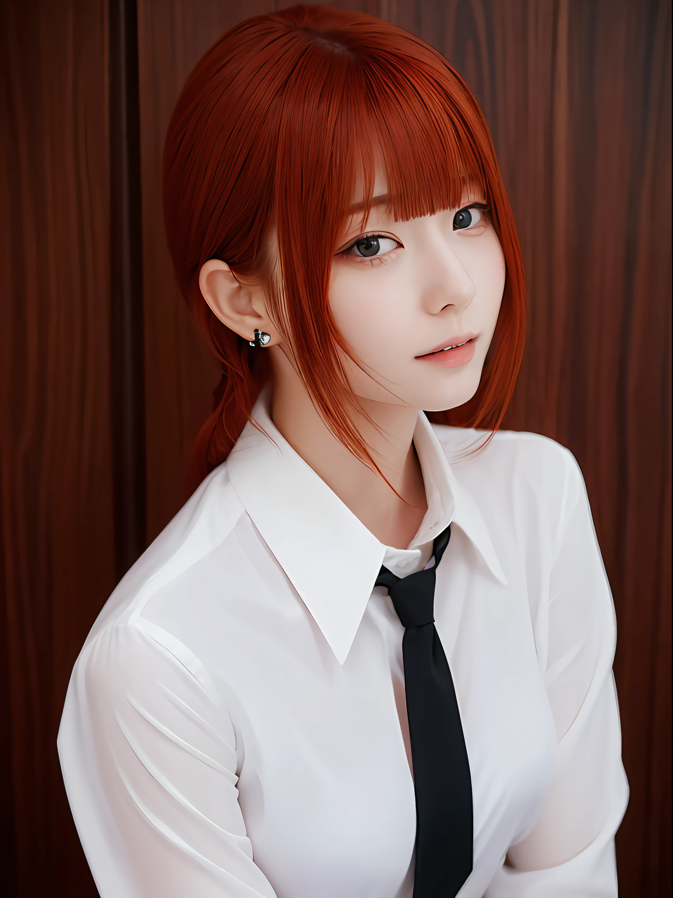(Best Quality, masutepiece:1.2), 1 girl, Solo, Red hair,Eyes with beautiful details,(White shirt),Cowboy Shot,Black tie,Bangs,ear,Breast