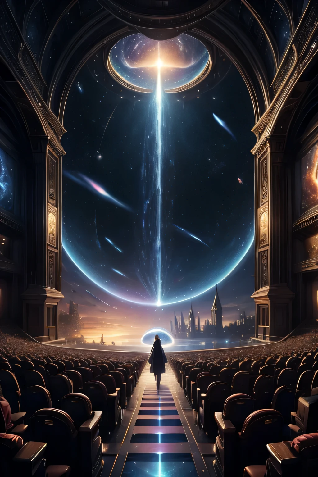 4k、Near the future、real、concert hall、world inside a sphere、back view、Hologram Art、very detailed、wide angle lens、damp medieval town、movie theatre、3D hologram、projector、film、geometric、Vibrant and fantastic plants、big house、anime background、concept art、(Characters do not appear)、realな照明、grand composition、diffusion、(masterpiece、highest quality)、Super HD、32k - V 6、digital art、Symmetrical、long spiral、ring、function、Philosophy、Fibonacci sequence、dust flies、swirling space
