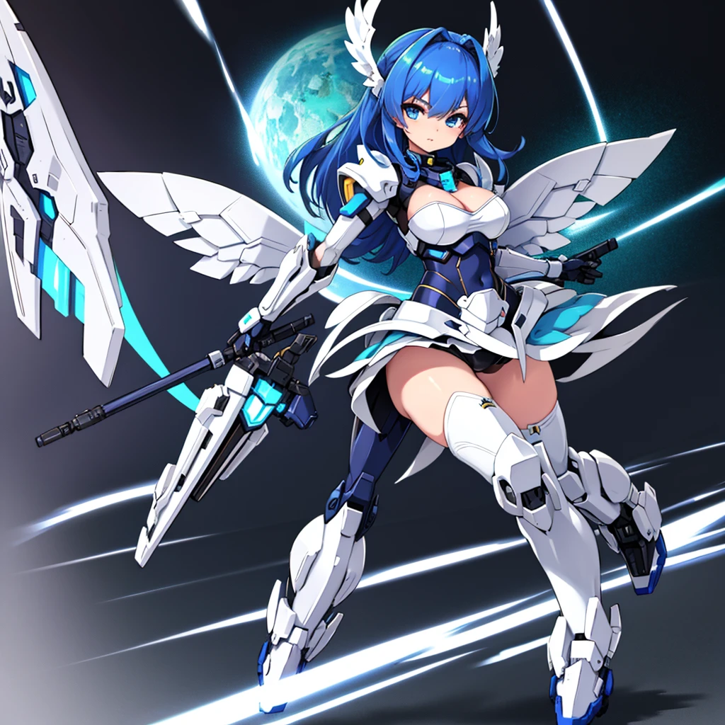 mecha_girl,((masterpiece:1.2)), ((highest quality)), detailed metal texture, perfect anatomy,1girl, (Solo:1.5), blue hair, (Mecha girl), (large wing:1.4)), white outfit, sapphire blue armor dress,((shiny armor, High-gloss armor)), many parts, cleavage, navel, thighs, menacing,(holding weapon), (Combat pose), (action pose:1.3), universe, nebula, aurora, vivid color, hight contrast