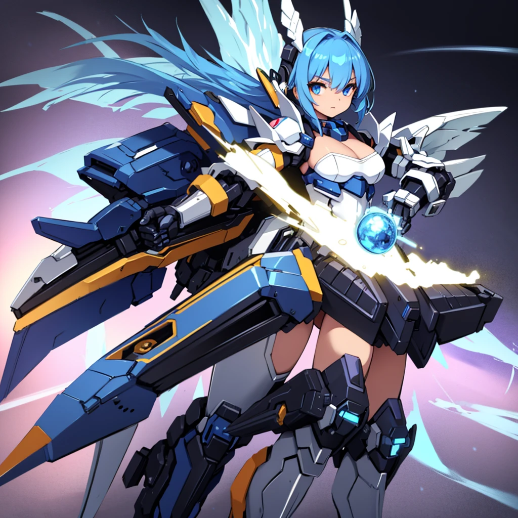 mecha_girl,((masterpiece:1.2)), ((highest quality)), detailed metal texture, perfect anatomy,1girl, (Solo:1.5), blue hair, (Mecha girl), (large wing:1.4)), white outfit, sapphire blue armor dress,((shiny armor, High-gloss armor)), many parts, cleavage, navel, thighs, menacing,(holding weapon), (Combat pose), (action pose:1.3), universe, nebula, aurora, vivid color, hight contrast
